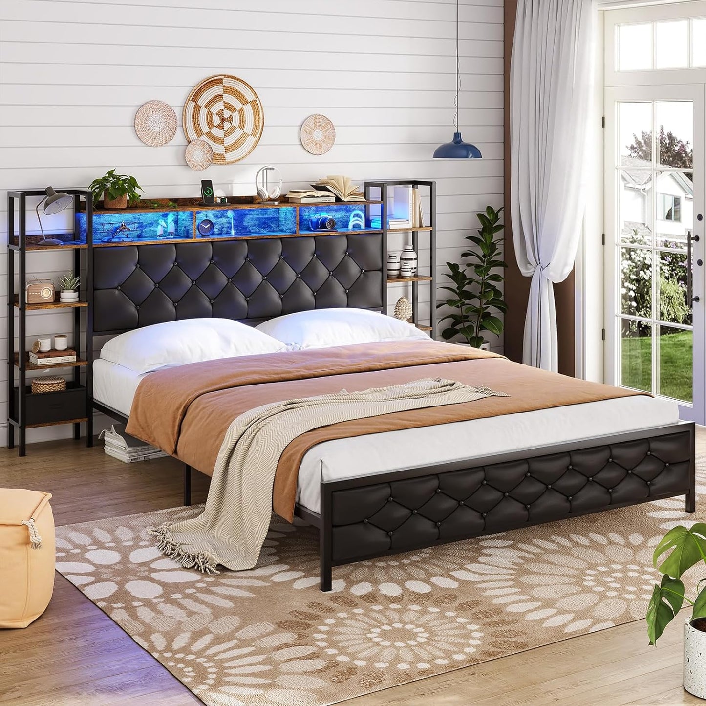 Hasuit King Farmhouse Bed Frame, King Size Platform Bed with LED Lights and Charging Station, Artificial Leather Headboard with Bookcase Shelves, No Box Spring Needed, Noise Free