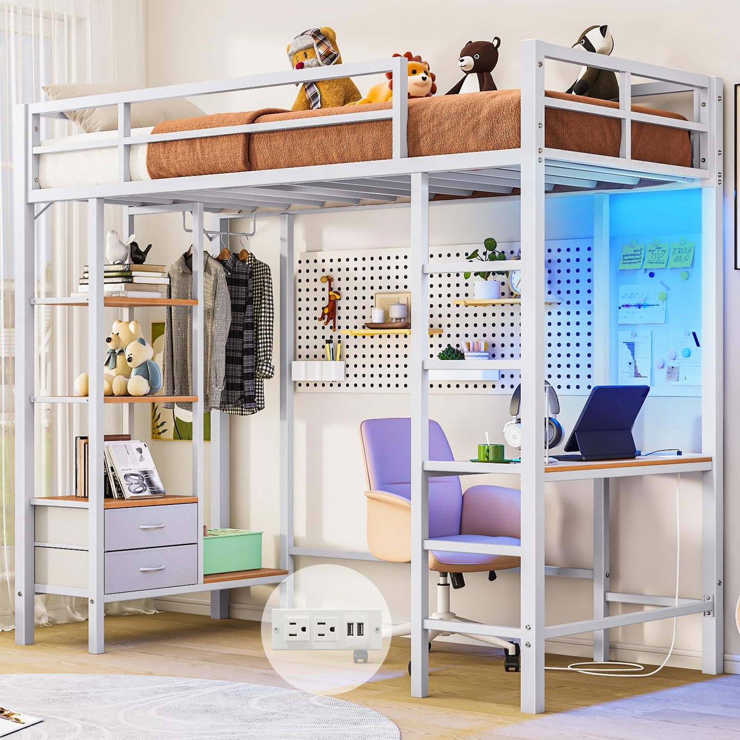 Hasuit Loft Bed Twin Size with Desk and Charging Station Metal Twin Loft Bed with LED Lights, 4 Storage Shelves & 2 Fabric Drawers, Twin Size Loft Bed with Safety Guard, Clothes Rail & Ladder, Black
