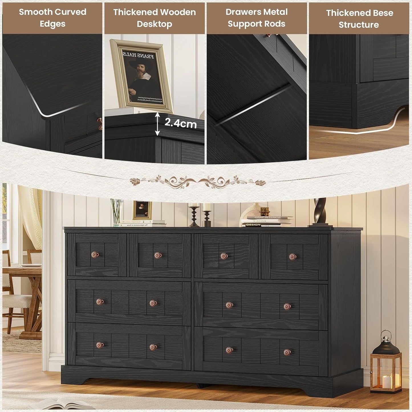 Hasuit Black Dresser for Bedroom, Farmhouse 8 Drawers Dresser, 55" Wide Dressers Chest of Drawers with Hand Carved Panel, Large Wood Closet Storage Organizers Dressers for Bedroom, Living Room Hallway