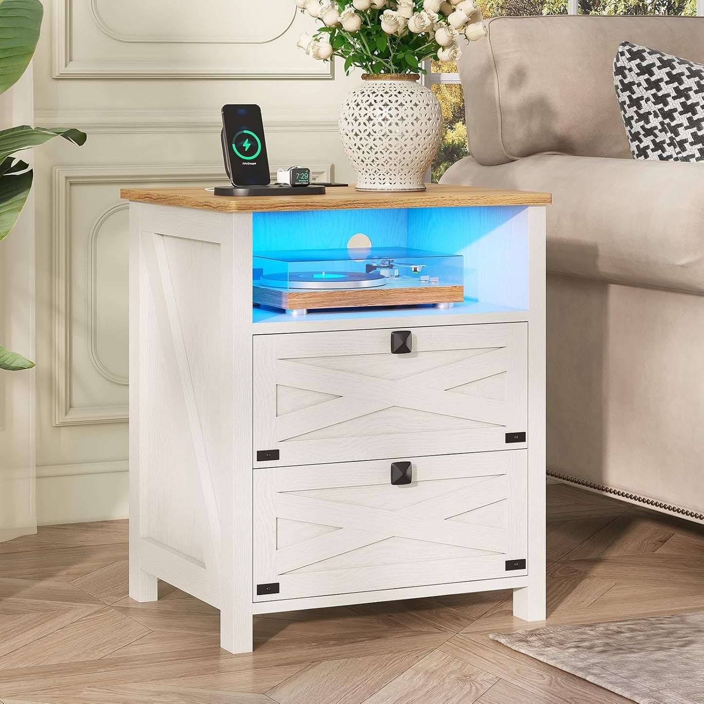 Hasuit Farmhouse Night Stand for Bedroom, Rustic Vintage White Nightstand with Charging Station and LED Lights, Bedside Table with 2 Drawers and Open Cubby, Retro Side End Side with Storage
