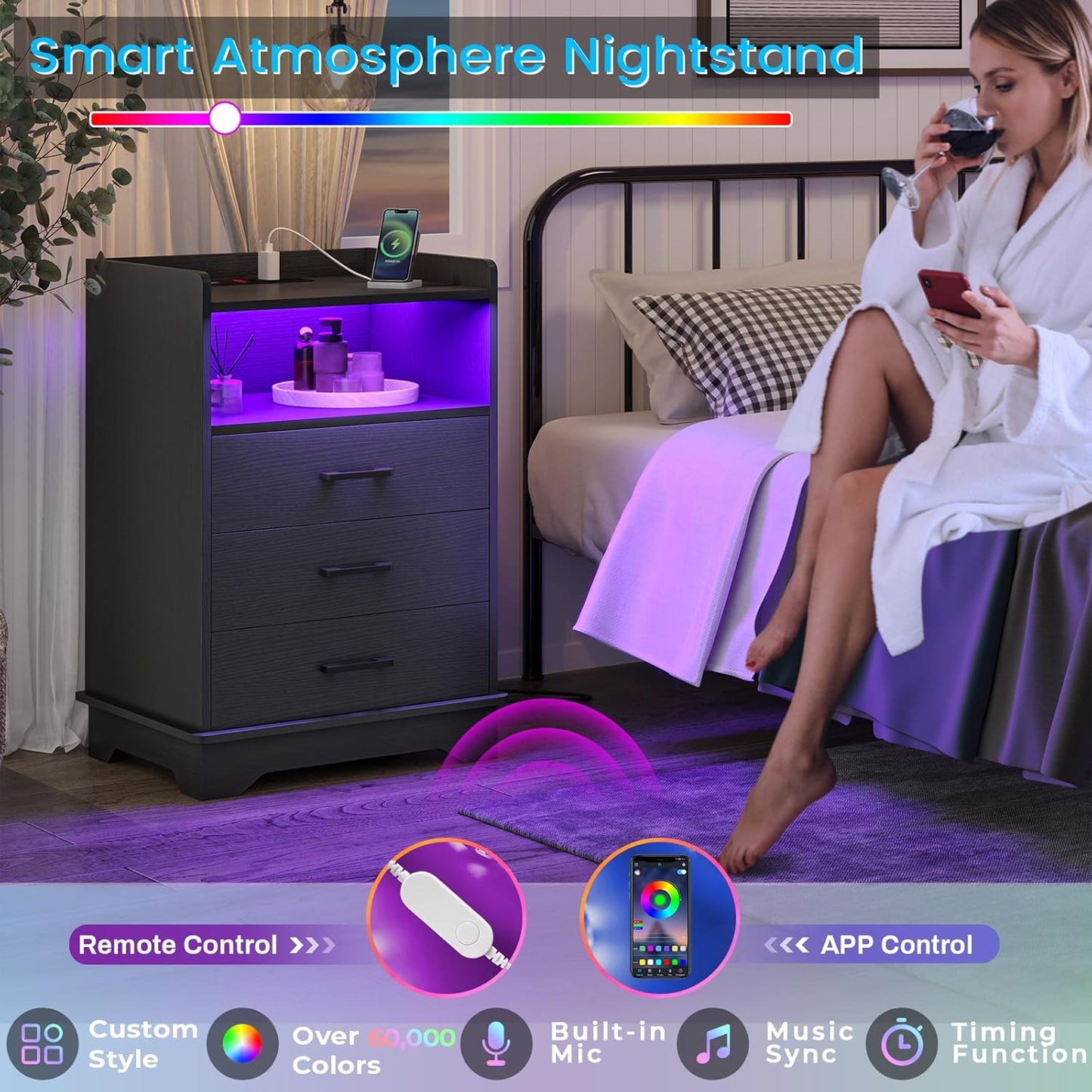 Hasuit Nightstand with Charging Station and LED Lights, Modern End Table with 3 Drawers and Open Storage, Large Bedside Table with Sturdy Base, Black Night Stand for Bedroom