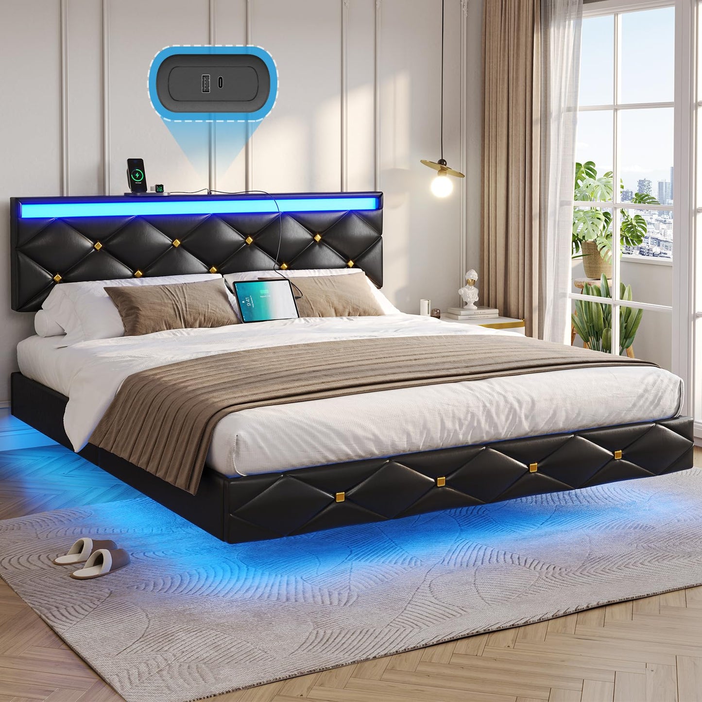 Hasuit Floating Bed Frame Queen Size with LED Lights and Charging Station, Modern Queen Platform Bed with Vegan Leather Upholstered Headboard, No Box Spring Needed, Noise Free, Easy to Assemble