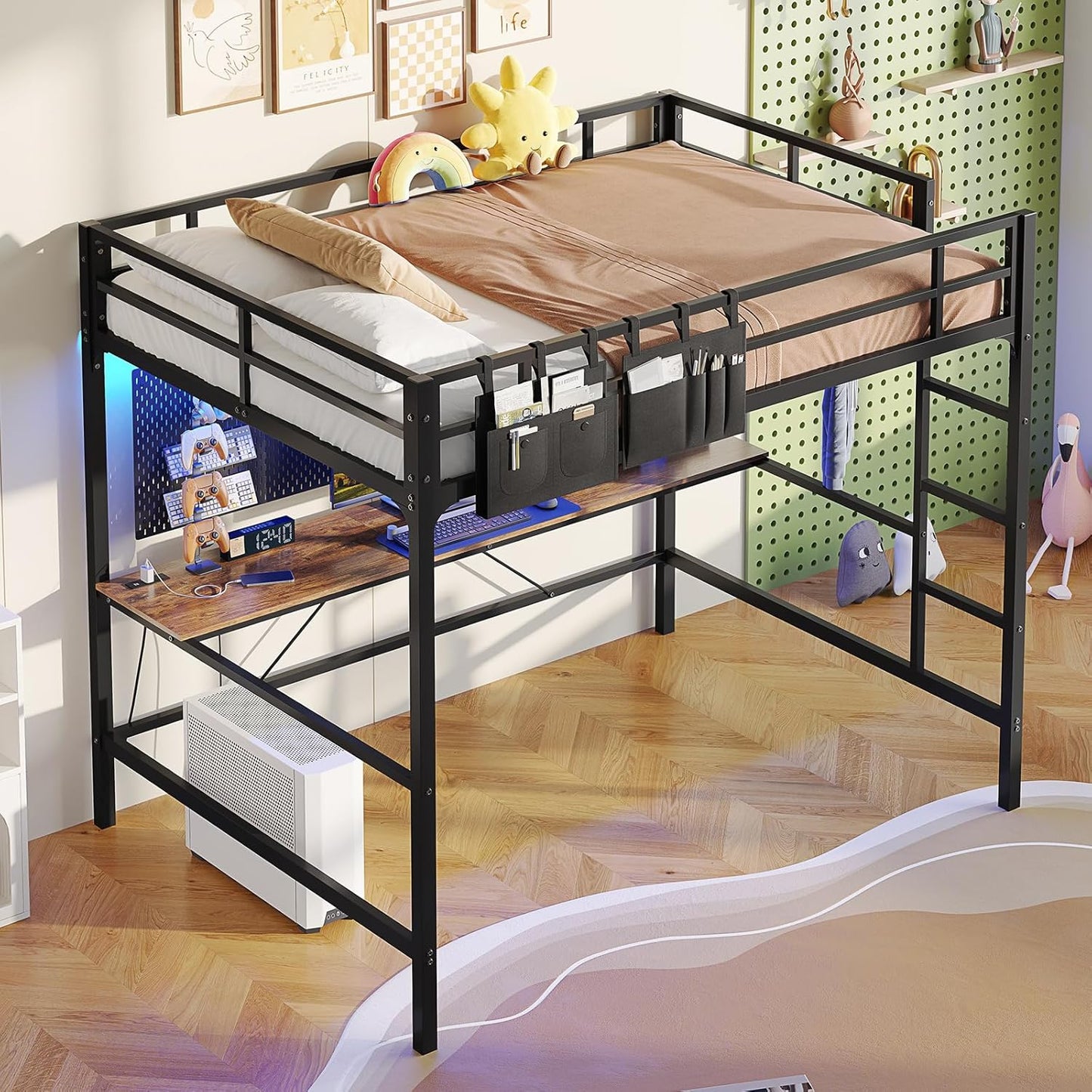 Hasuit Full Size Metal Loft Bed with Desk, LED Lights & Charging Station - Sturdy Space-Saving Bed Frame, Loft Bed Full Size Includes Safety Guard Rail & Ladder, No Box Spring Needed, Durable, Black
