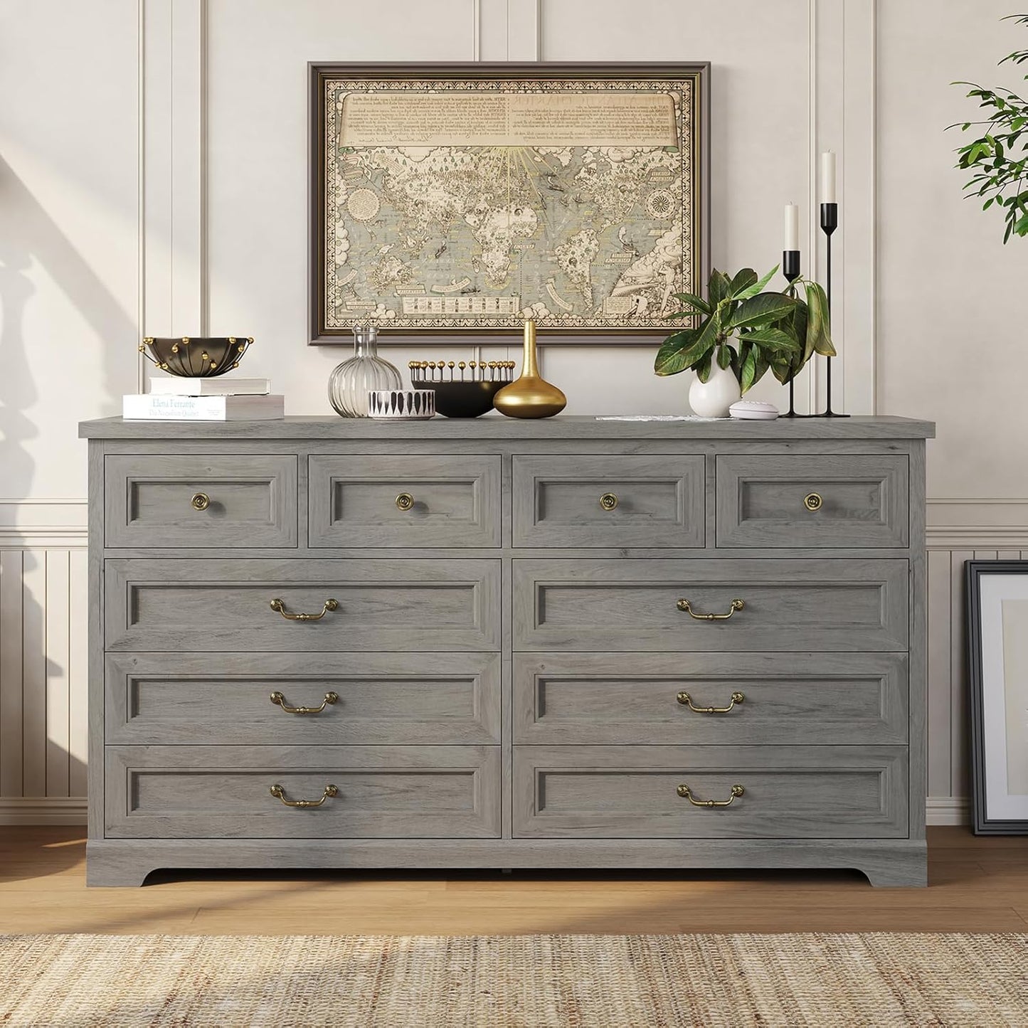 Hasuit Farmhouse 10 Drawer Dresser for Bedroom, 55.1" Wide Dressers Chest of Drawers, Rustic Wood Storage Cabinet with Deep Drawers and Vintage Handle, Large Gray Dresser for Bedroom, Closet, Hallway
