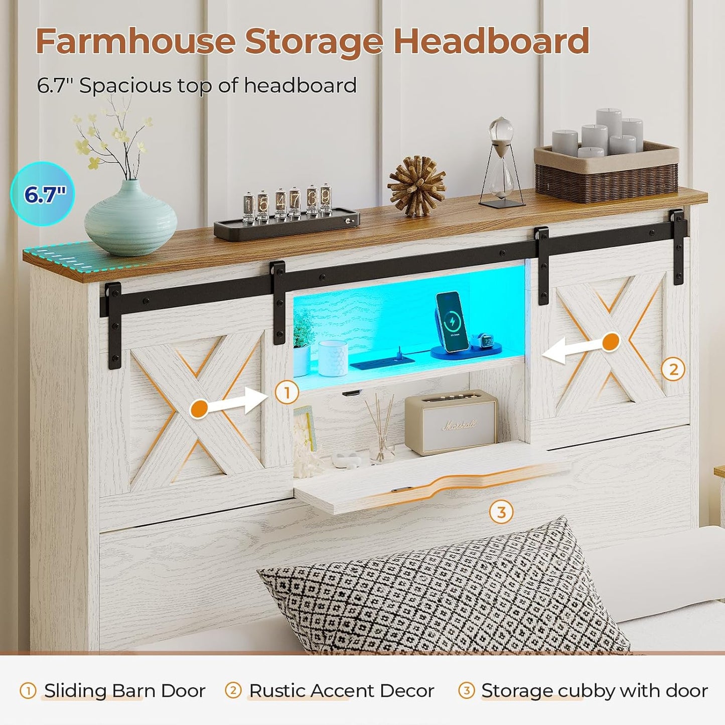 Hasuit Farmhouse Bed Frame Twin XL Size with 2 Storage Drawers, Wooden Platform Twin XL Bed with LED Lights and Charging Station, Rustic Headboard with Sliding Barn Door Storage Cabinets (White)