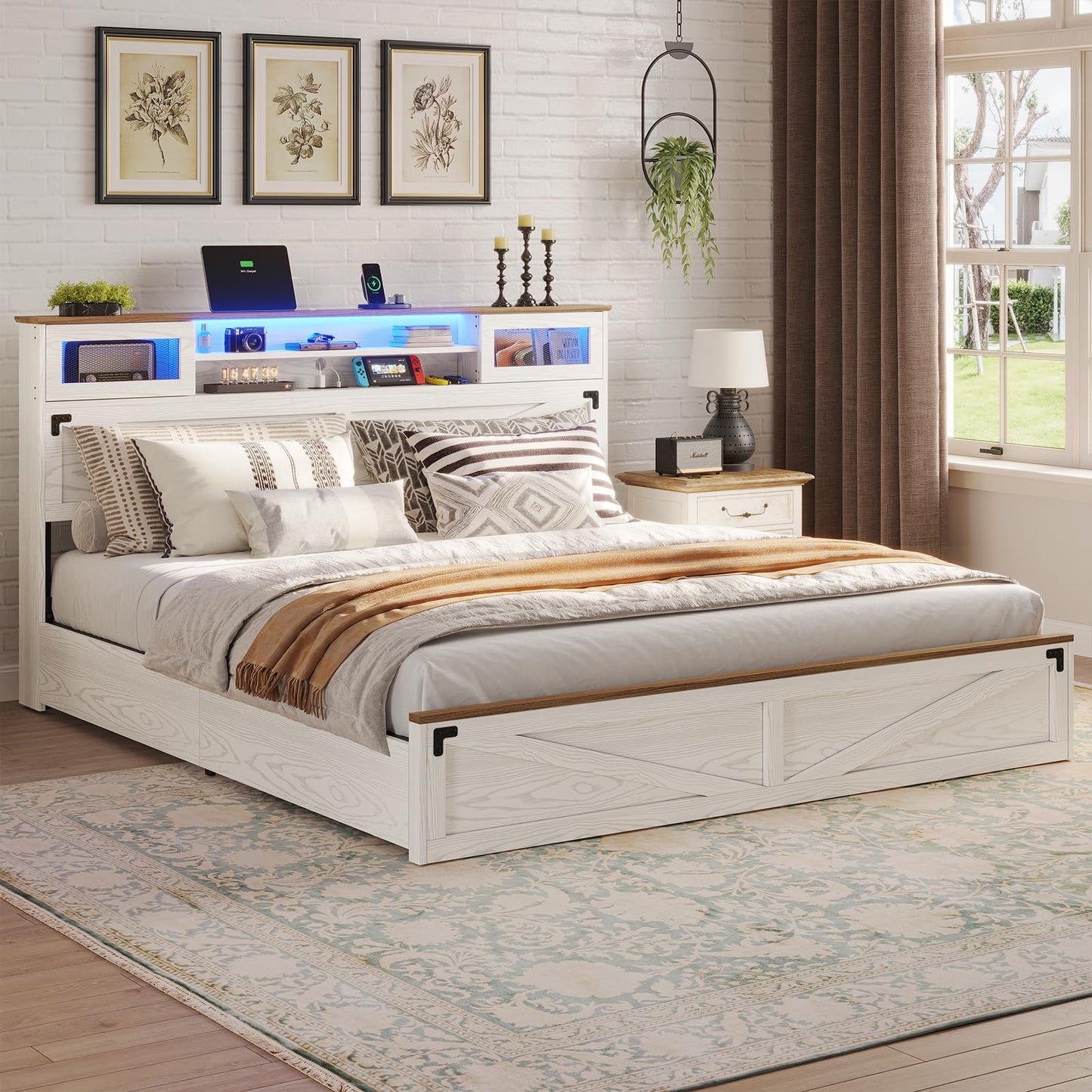 Hasuit Farmhouse Bed Frame King Size with Bookcase Headboard and 2 Drawers, Wooden Platform King Bed with LED Lights and Charging Station, Rustic Accent Headboard with Sliding Door, Rustic Brown
