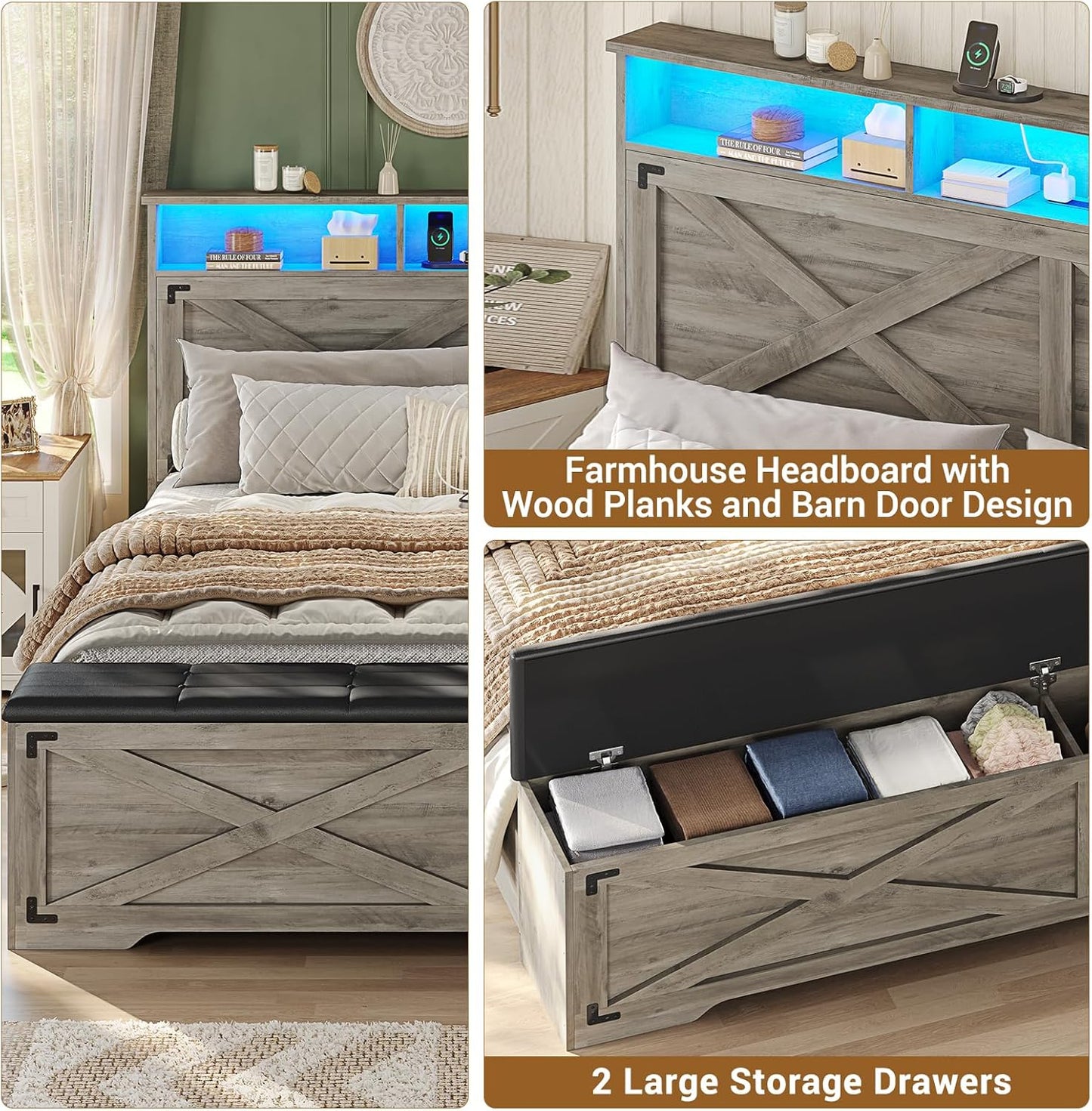 Hasuit Queen Size Bed Frame with Storage Ottoman, Farmhouse Bed Frame with Charging Station and Led Light, Headboard with Storage Rack, Metal Slats, No Noise Design, No Box Spring Needed,Oak Grey