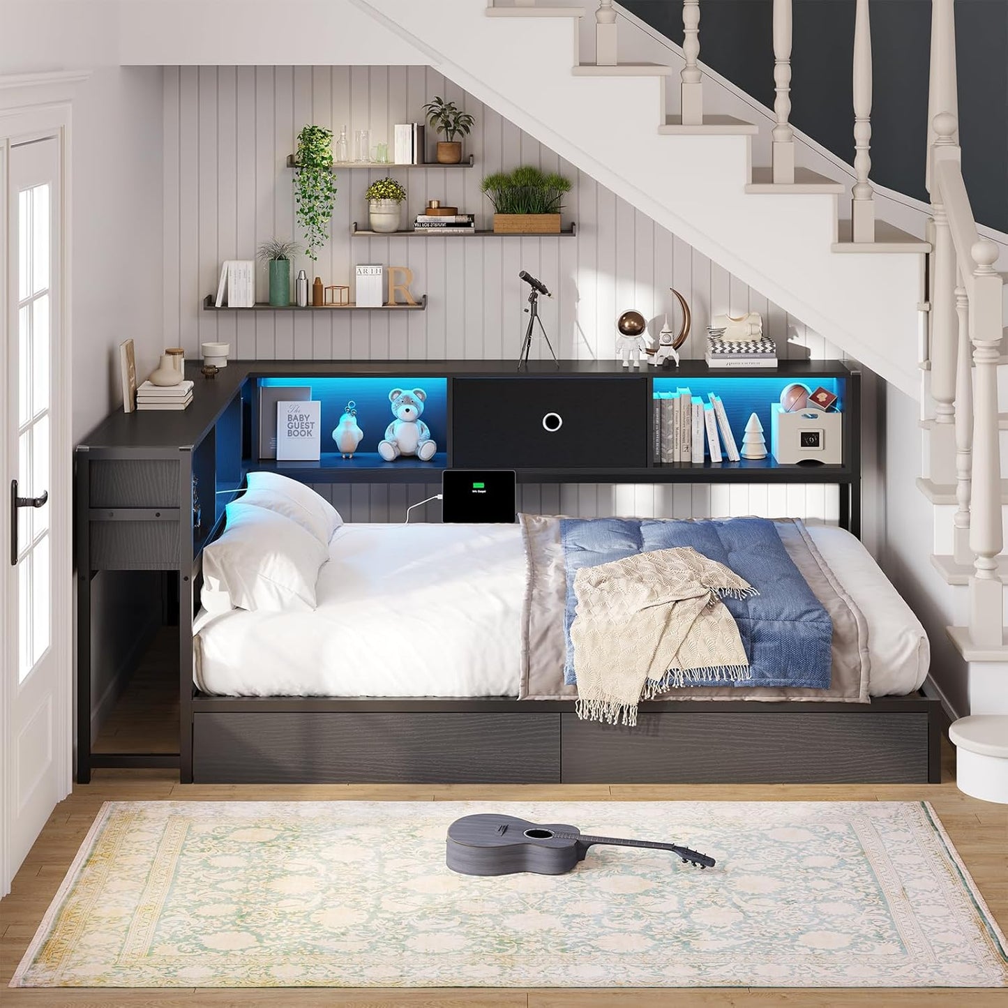 Hasuit Kids Corner Twin Bed with Storage, Charging & LED Light