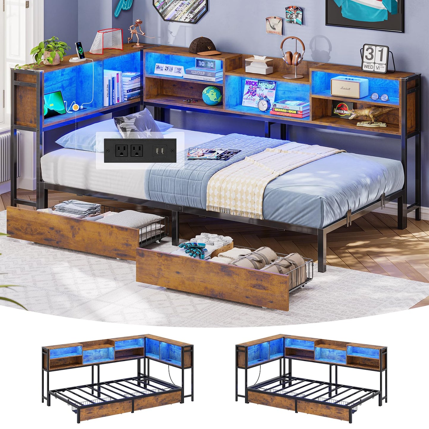 Hasuit Full Corner Bed Frame with Storage Bookcase, Full Size Daybed with 2 Underneath Storage Drawers, Kids Bed Unit with Charging Station and LED Light, Modern Teenagers Bedframe, Black&Gray