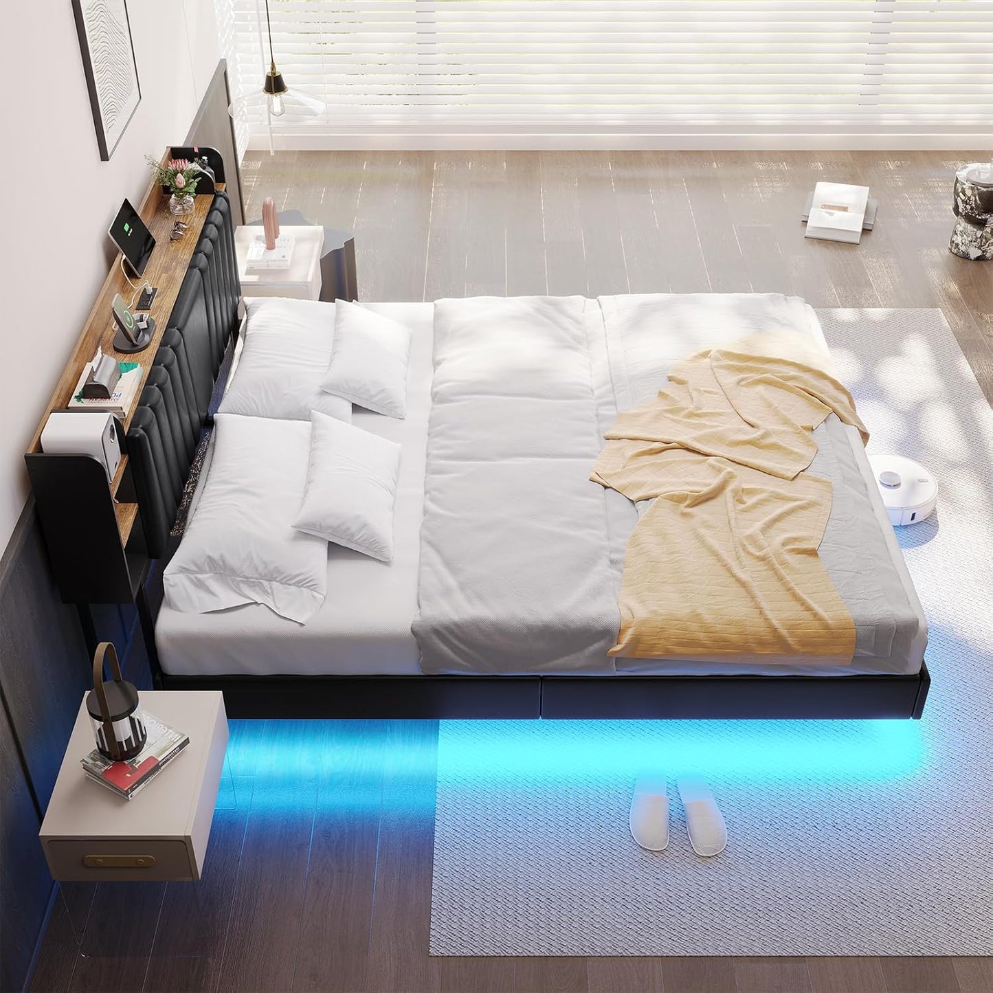 Hasuit California King Floating Led Bed Frame with Hidden Storage Headboard and Charging Station Cal King Size Visual Floating Platform Bed with Led Lights,No Box Spring Needed,Black+Rustic