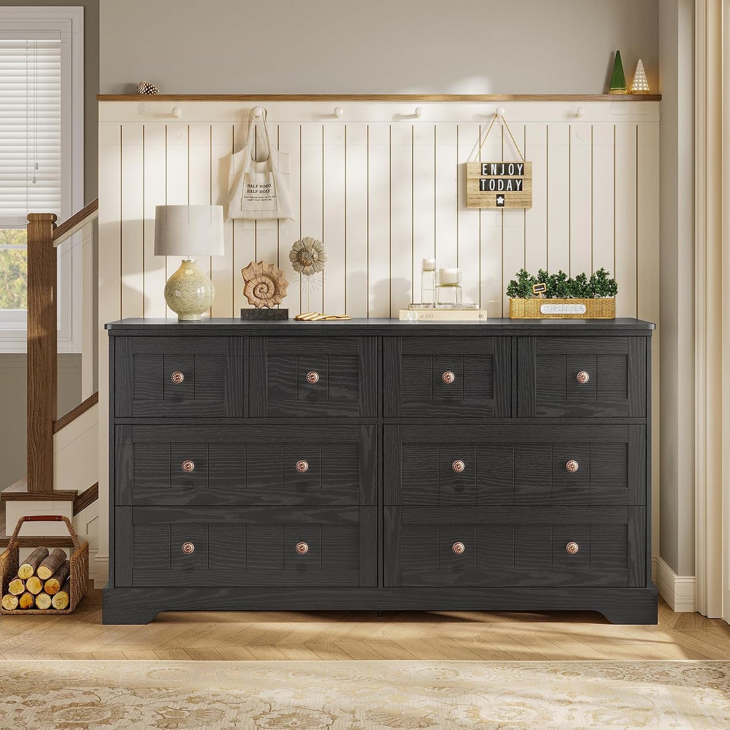 Hasuit Black Dresser for Bedroom, Farmhouse 8 Drawers Dresser, 55" Wide Dressers Chest of Drawers with Hand Carved Panel, Large Wood Closet Storage Organizers Dressers for Bedroom, Living Room Hallway