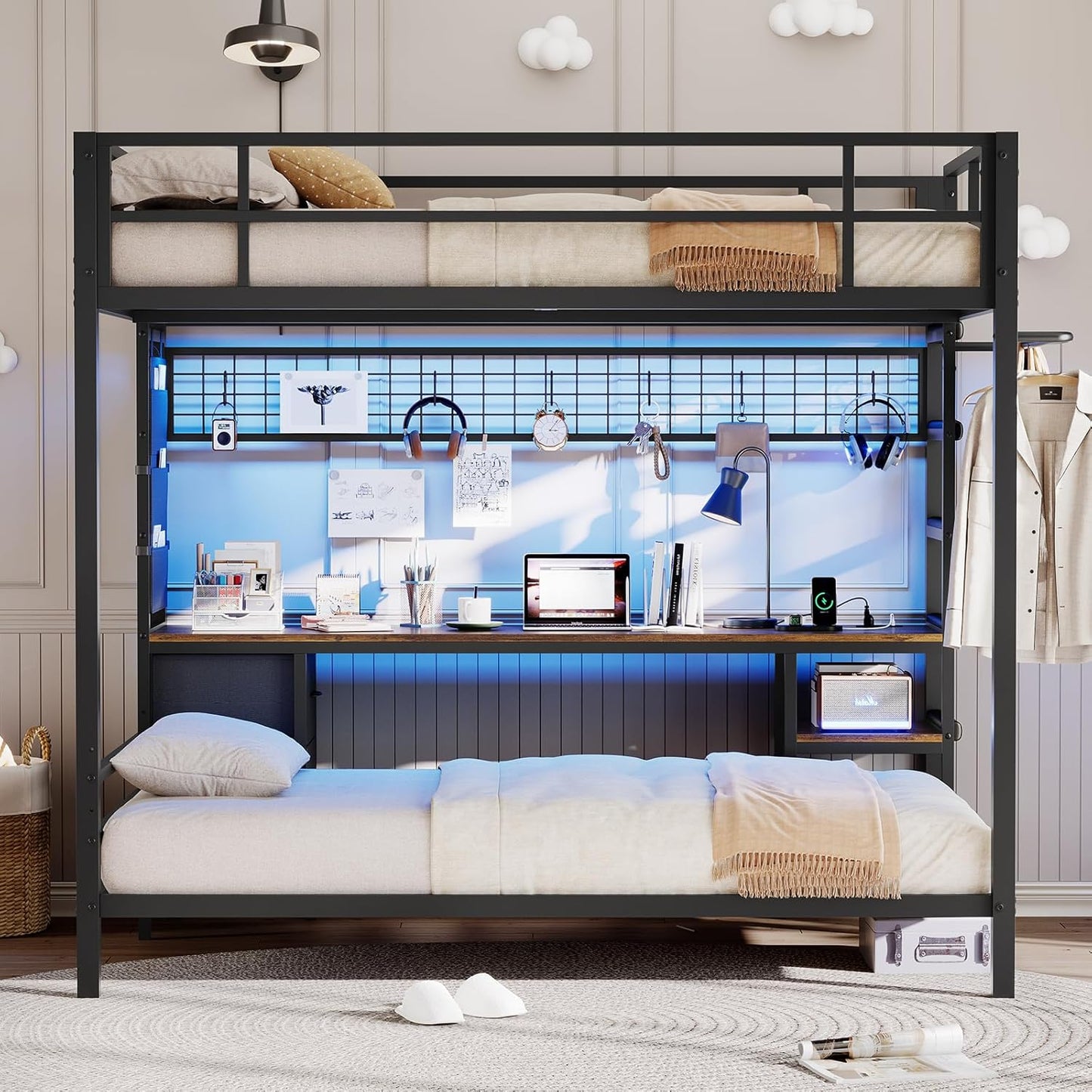 Hasuit Full Over Twin Bunk Bed with Desk Convertible Storage Shelf,Metal Loft Bed with Led Lights & Charging Station,Bunk Beds for Teens with Safety Guard & Stairs,Space Saving Bedroom Furniture,Black