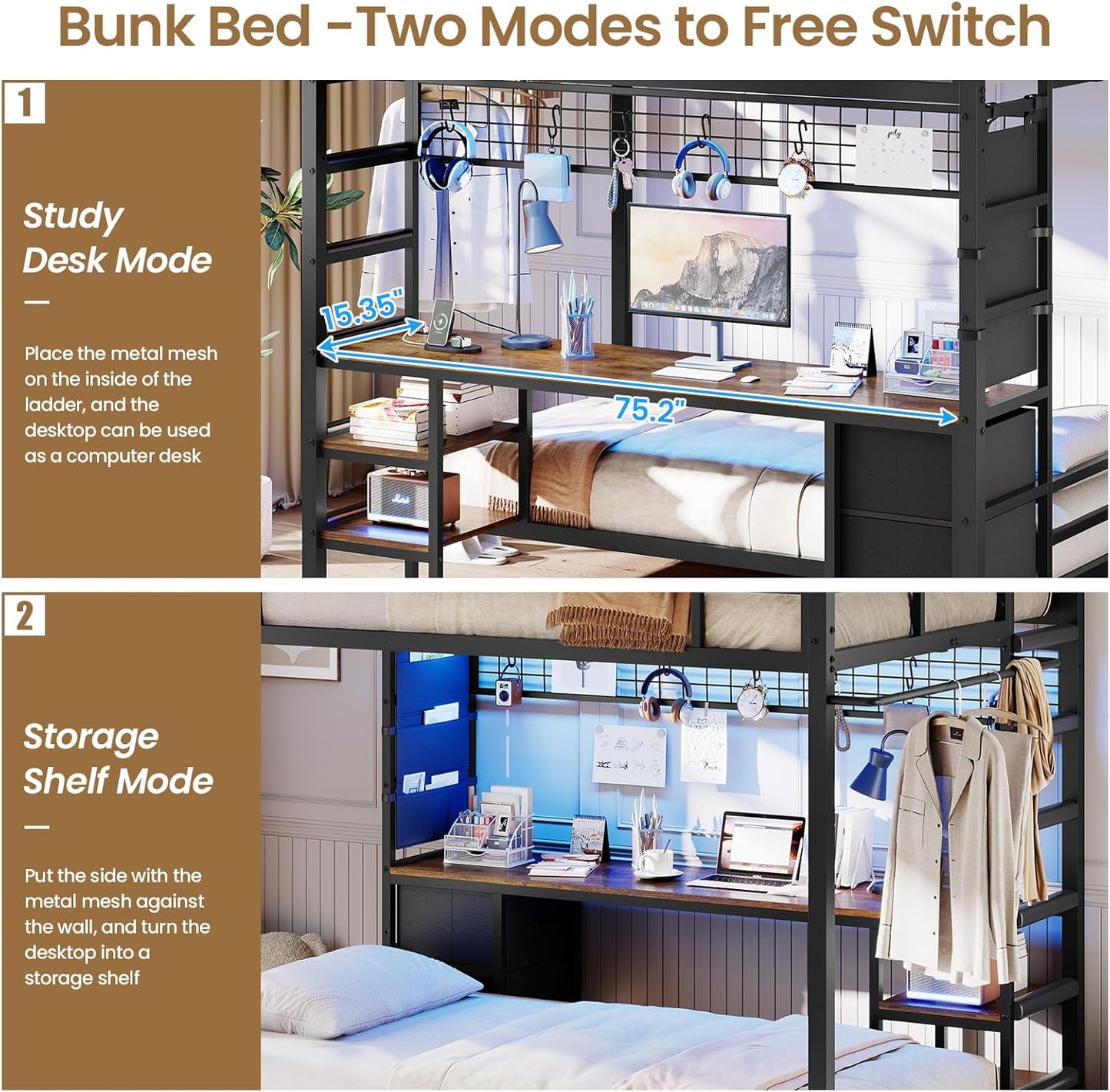 Hasuit Full Over Twin Bunk Bed with Desk Convertible Storage Shelf,Metal Loft Bed with Led Lights & Charging Station,Bunk Beds for Teens with Safety Guard & Stairs,Space Saving Bedroom Furniture,Black