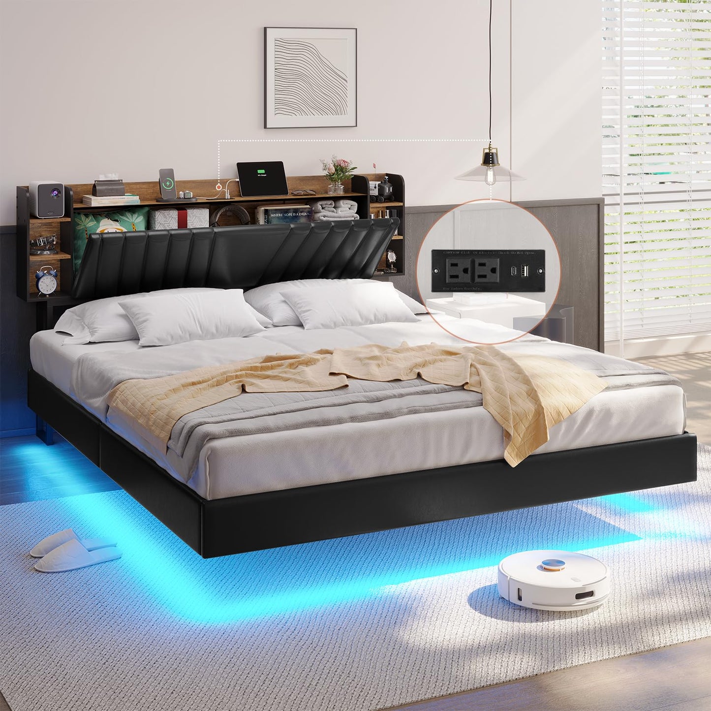 Hasuit California King Bed Frame with Hidden Storage Headboard and Charging Station Cal King Size Floating Bed Frame with Led Lights Upholstered Visual Floating Platform bed,No Box Spring Needed,Black