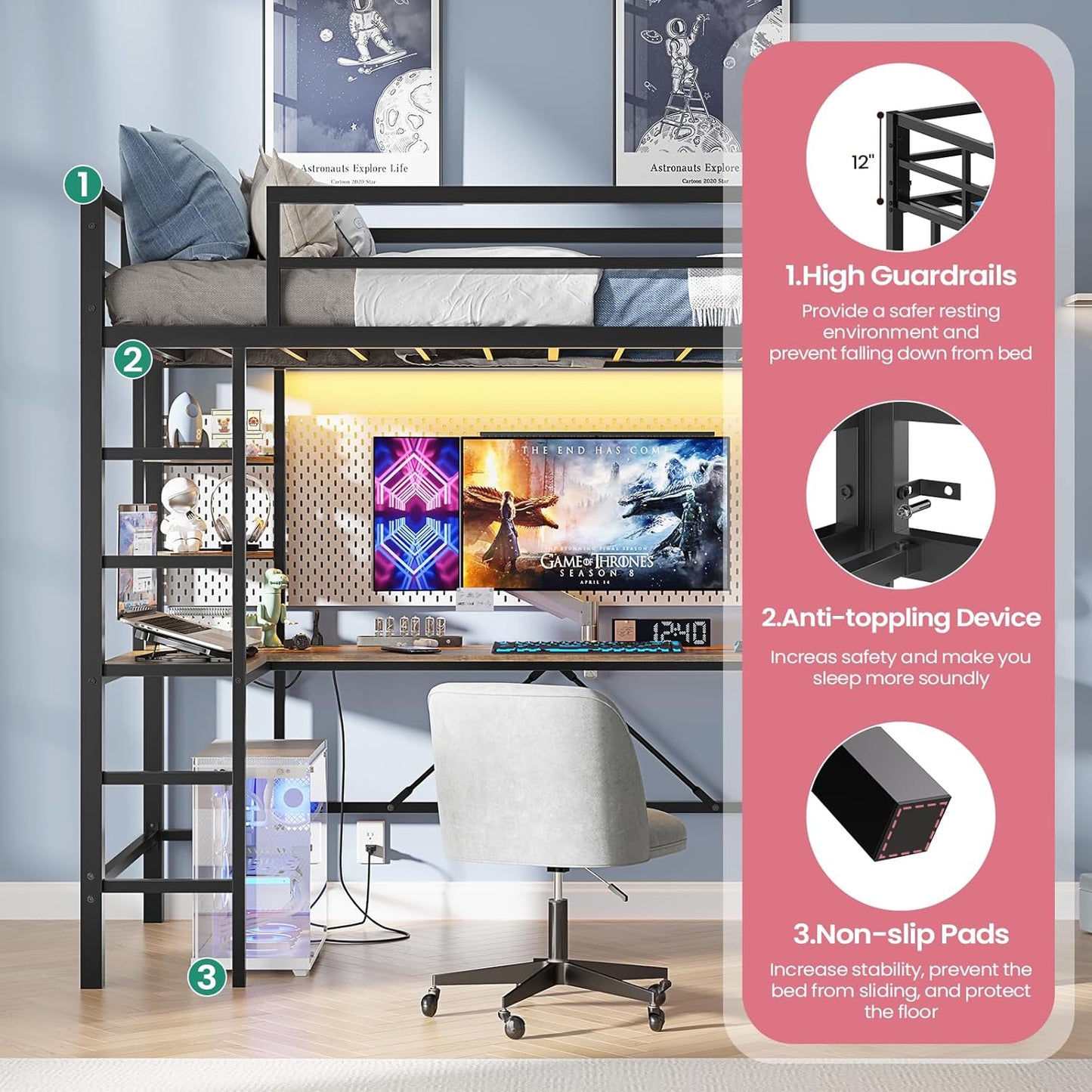Hasuit Twin Size Loft Bed with Desk U-Shaped | Heavy Duty Metal Frame & Built-in Charging Station | RGB APP-Controlled LED Lights, Safety Guardrails + Open Shelves | No Box Spring Needed, Black