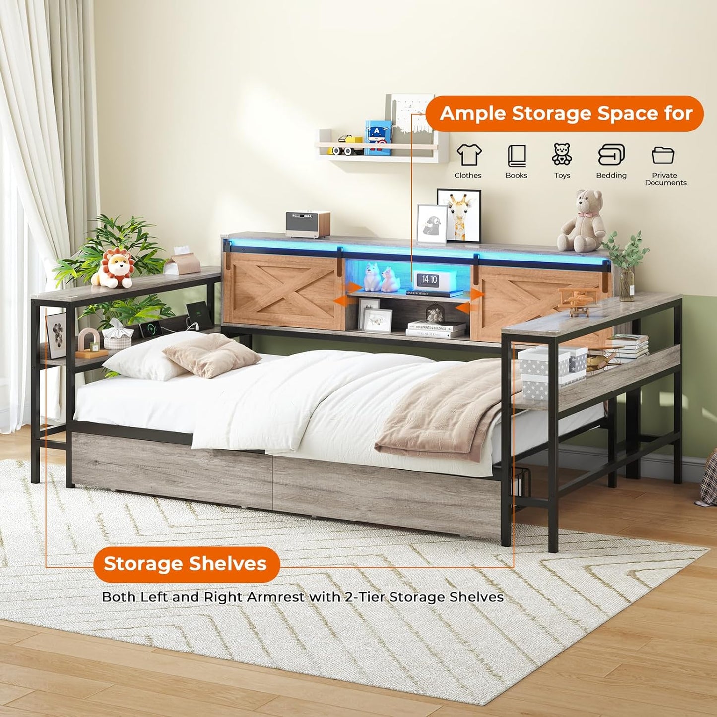 Hasuit Twin XL Corner Bed with Drawers and Bookcase Storage Shelves, Daybed with Charging Station and LED Light, Farmhouse Wooden Bed Frame with Sliding Barn Doors, No Box Spring Needed, Rustic Gray