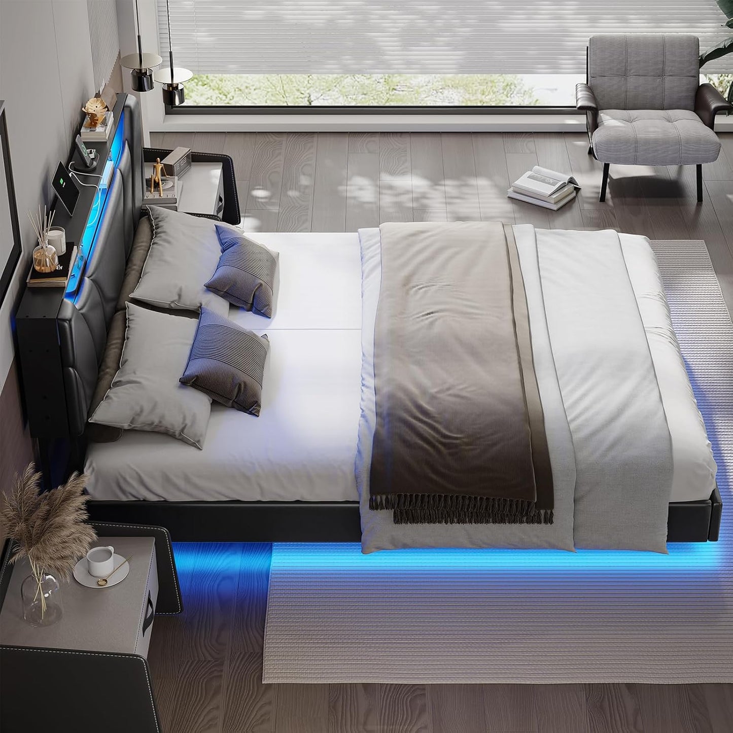 Hasuit California King Bed Frame with Hidden Storage Headboard and Charging Station Cal King Size Floating Bed Frame with Led Lights Upholstered Visual Floating Platform bed,No Box Spring Needed,Black