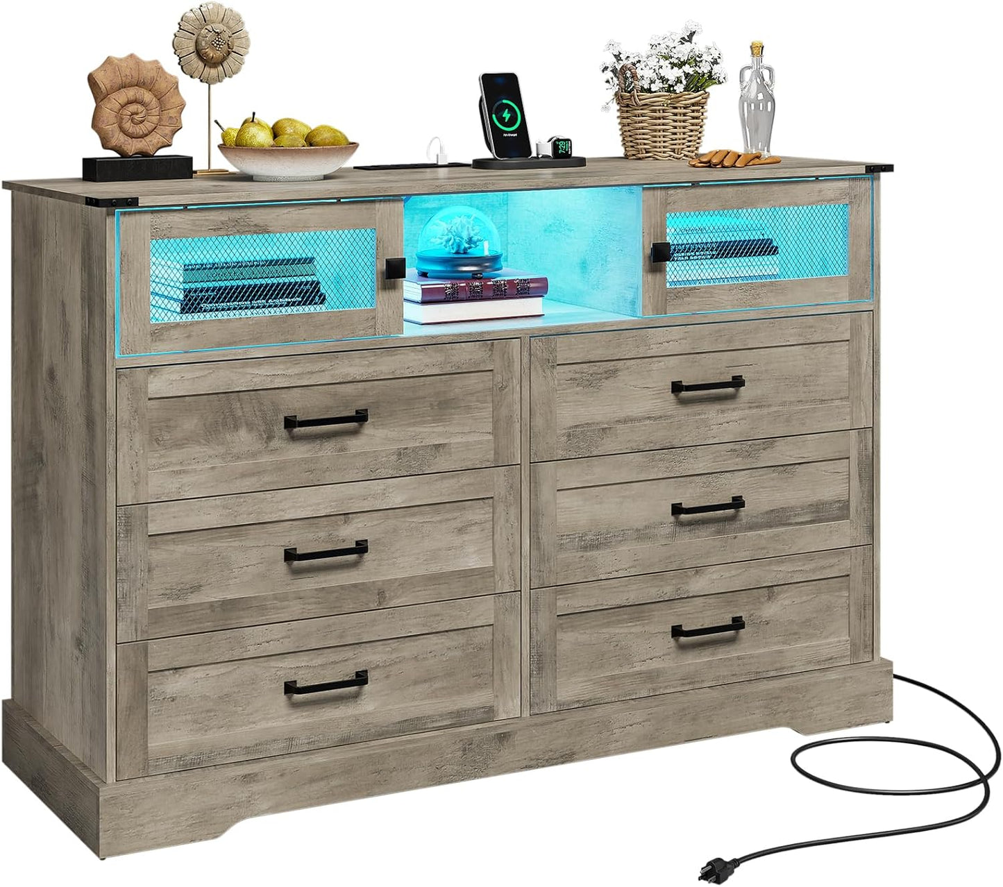 Hasuit 6 Drawer Dresser with LED Lights and Charging Station, Farmhouse Chest of Drawers Closet Organizer, Clothes Storage Cabinet Double Dressers for Bedroom, Living Room, Hallway, Rustic Oak