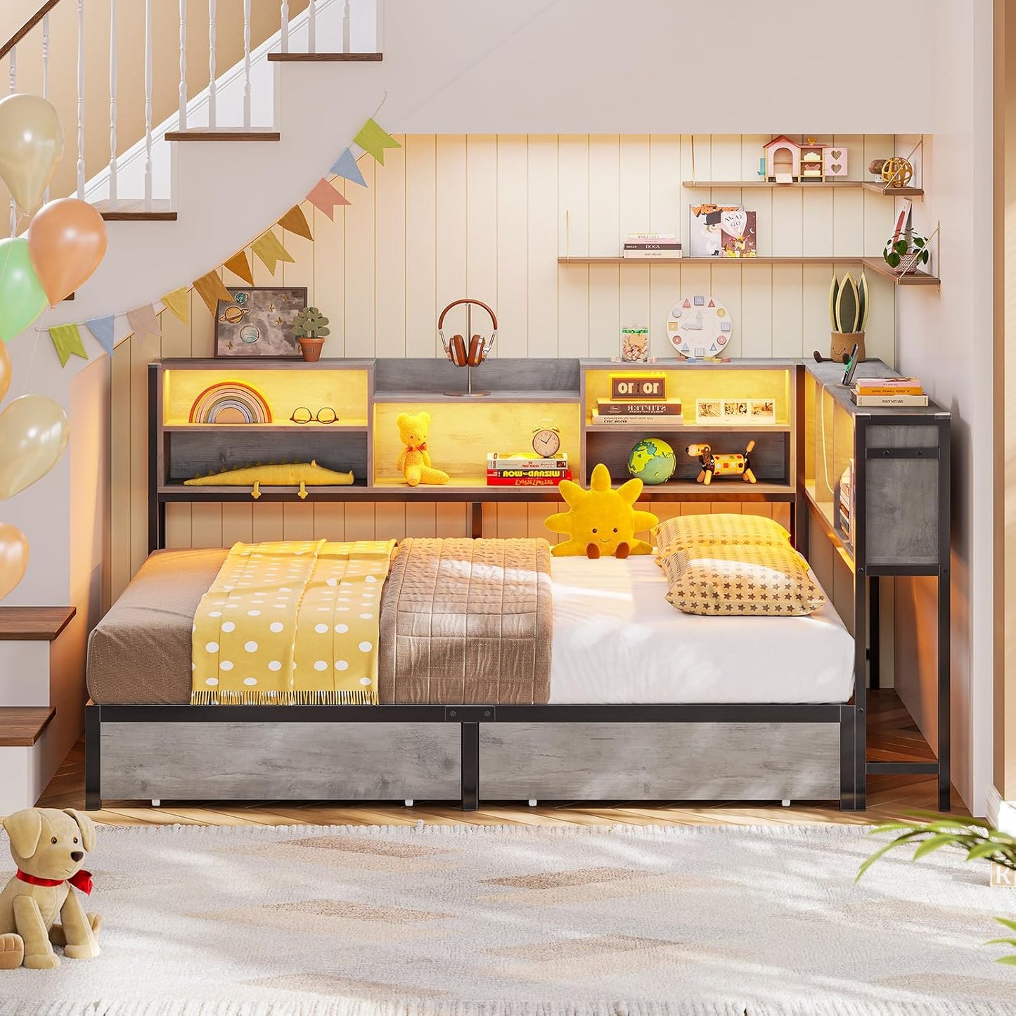 Hasuit Full Corner Bed Frame with Storage Bookcase, Full Size Daybed with 2 Underneath Storage Drawers, Kids Bed Unit with Charging Station and LED Light, Modern Teenagers Bedframe, Black&Gray