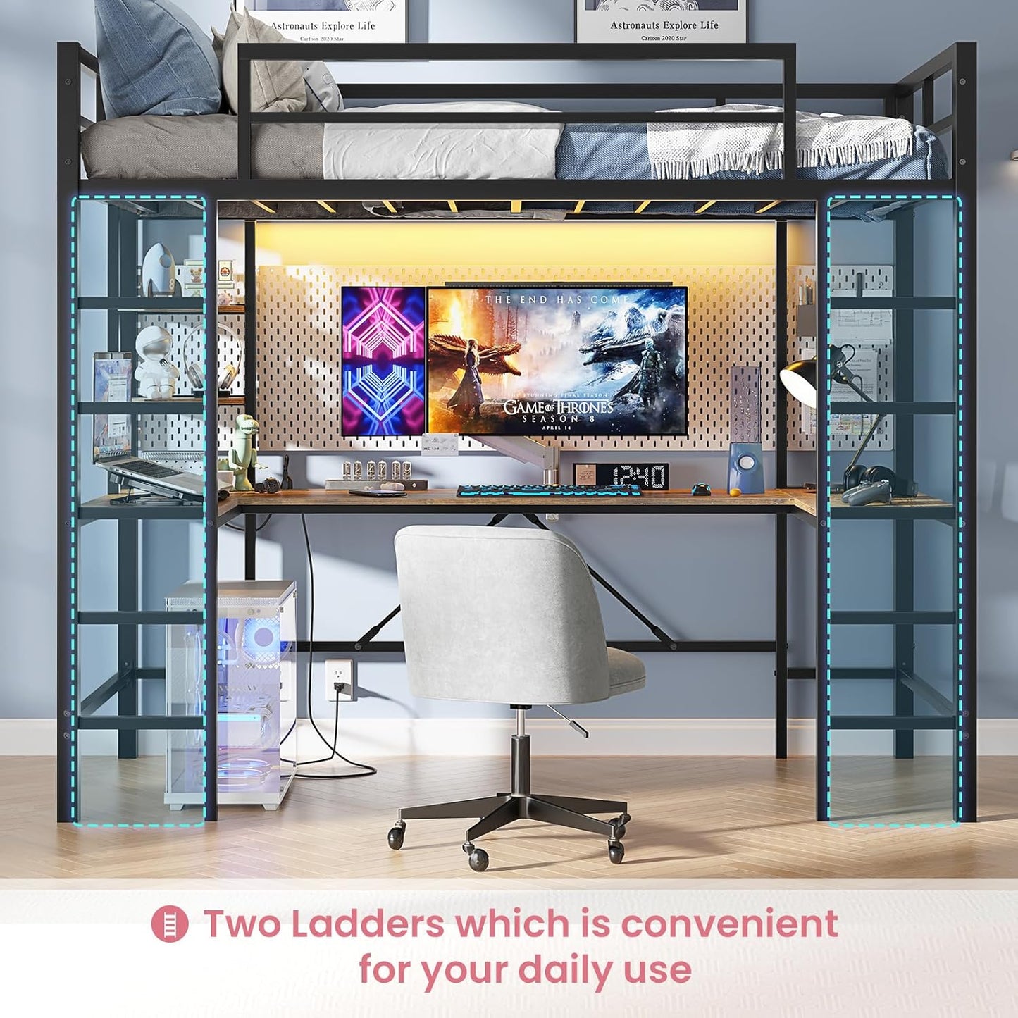 Hasuit Twin Size Loft Bed with Desk U-Shaped | Heavy Duty Metal Frame & Built-in Charging Station | RGB APP-Controlled LED Lights, Safety Guardrails + Open Shelves | No Box Spring Needed, Black