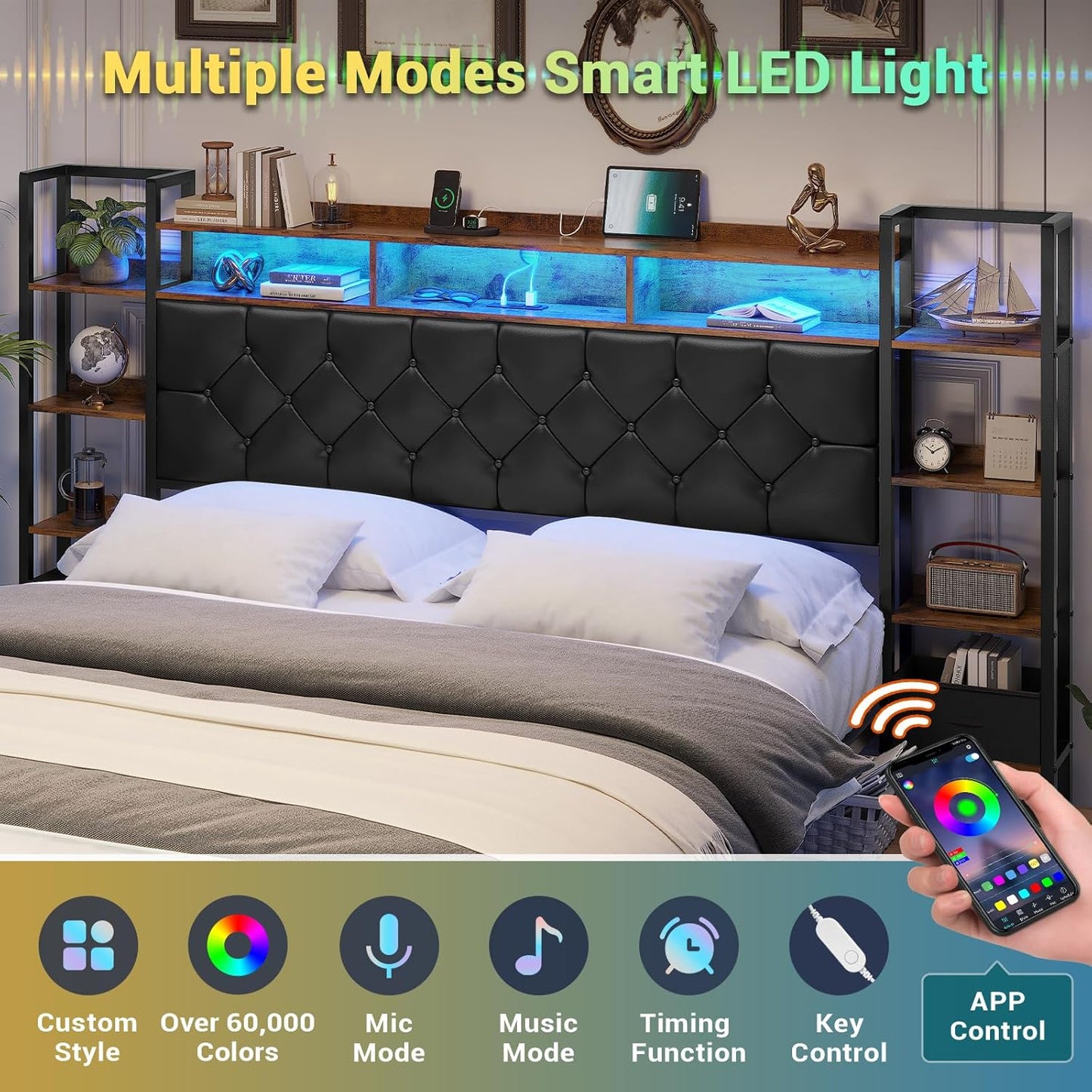 Hasuit King Farmhouse Bed Frame, King Size Platform Bed with LED Lights and Charging Station, Artificial Leather Headboard with Bookcase Shelves, No Box Spring Needed, Noise Free