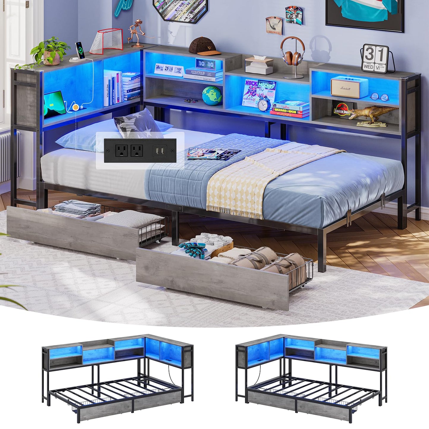 Hasuit Full Corner Bed Frame with Storage Bookcase, Full Size Daybed with 2 Underneath Storage Drawers, Kids Bed Unit with Charging Station and LED Light, Modern Teenagers Bedframe, Black&Gray