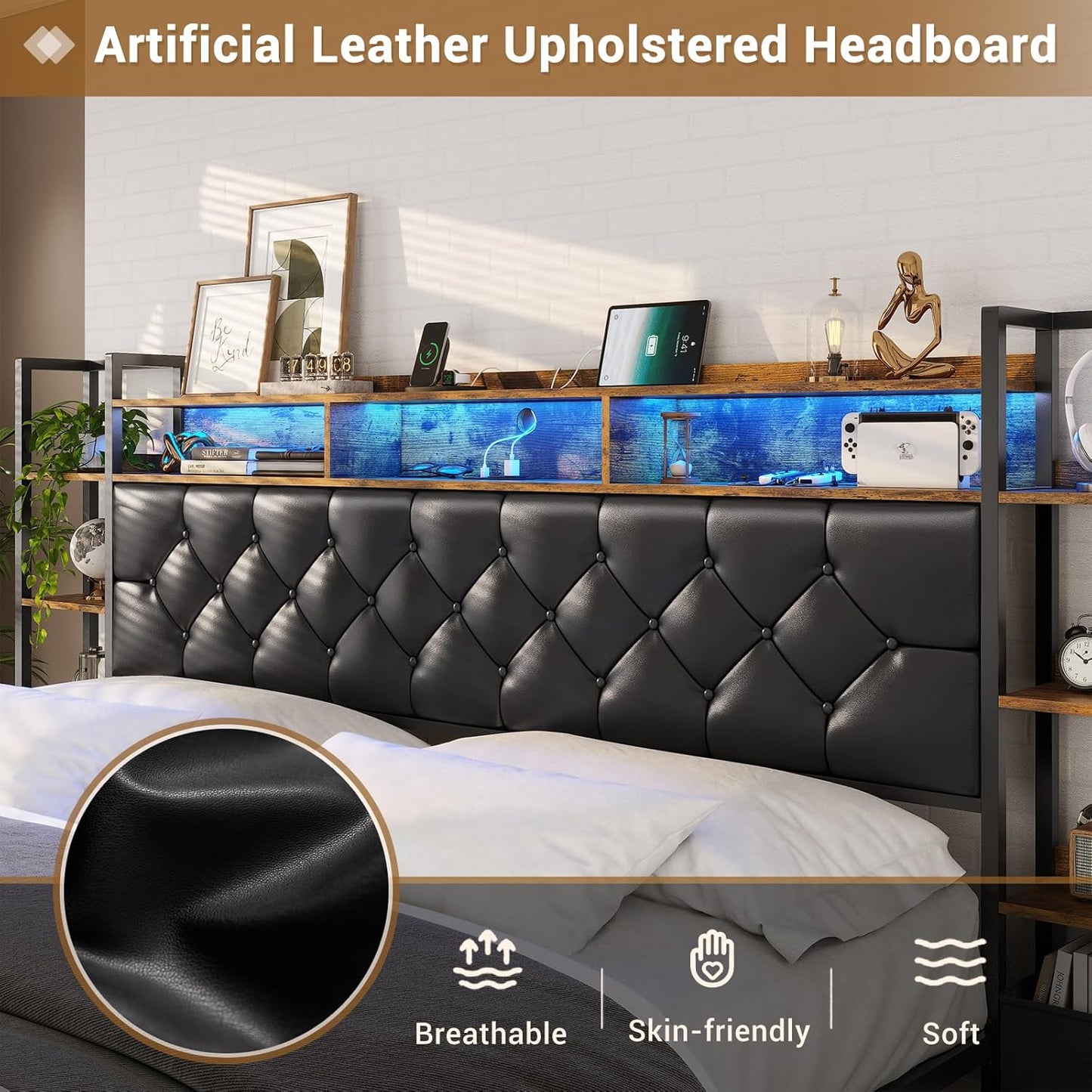 Hasuit King Farmhouse Bed Frame, King Size Platform Bed with LED Lights and Charging Station, Artificial Leather Headboard with Bookcase Shelves, No Box Spring Needed, Noise Free