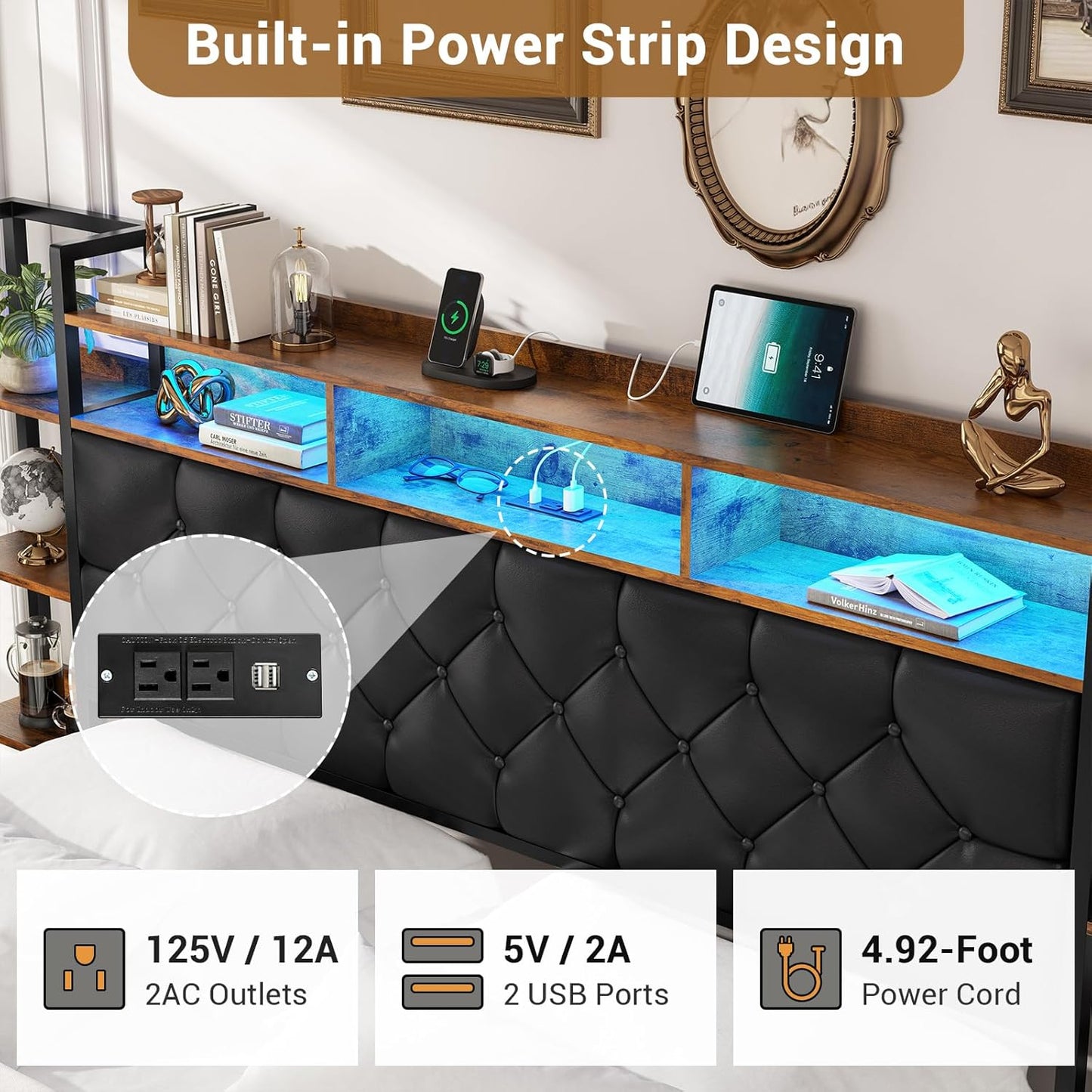 Hasuit King Farmhouse Bed Frame, King Size Platform Bed with LED Lights and Charging Station, Artificial Leather Headboard with Bookcase Shelves, No Box Spring Needed, Noise Free