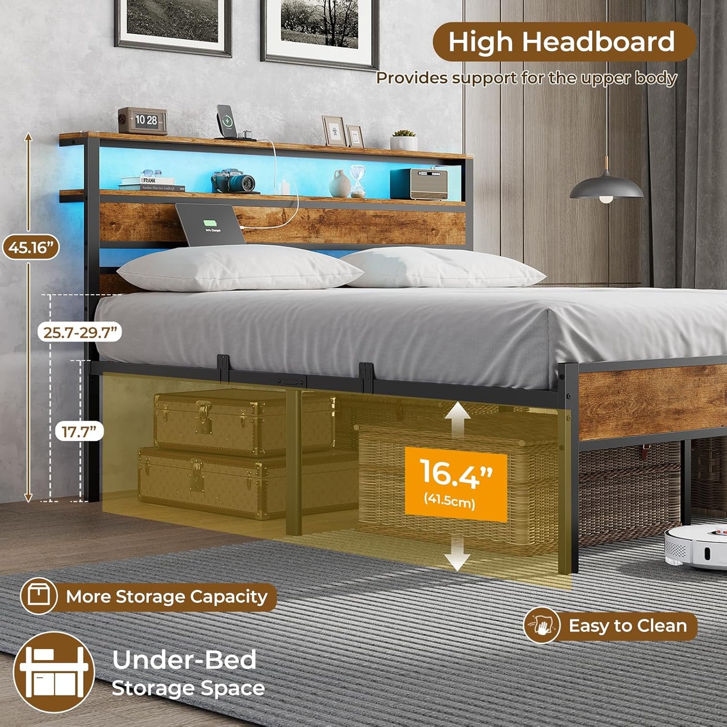 Hasuit Queen Bed Frame with Headboard, LED Lights and Charging Station, Metal Platform Bed Queen Size with Heavy Duty Slats, Under Bed Storage, Fast Assembly, No Box Spring Needed, Noise Free