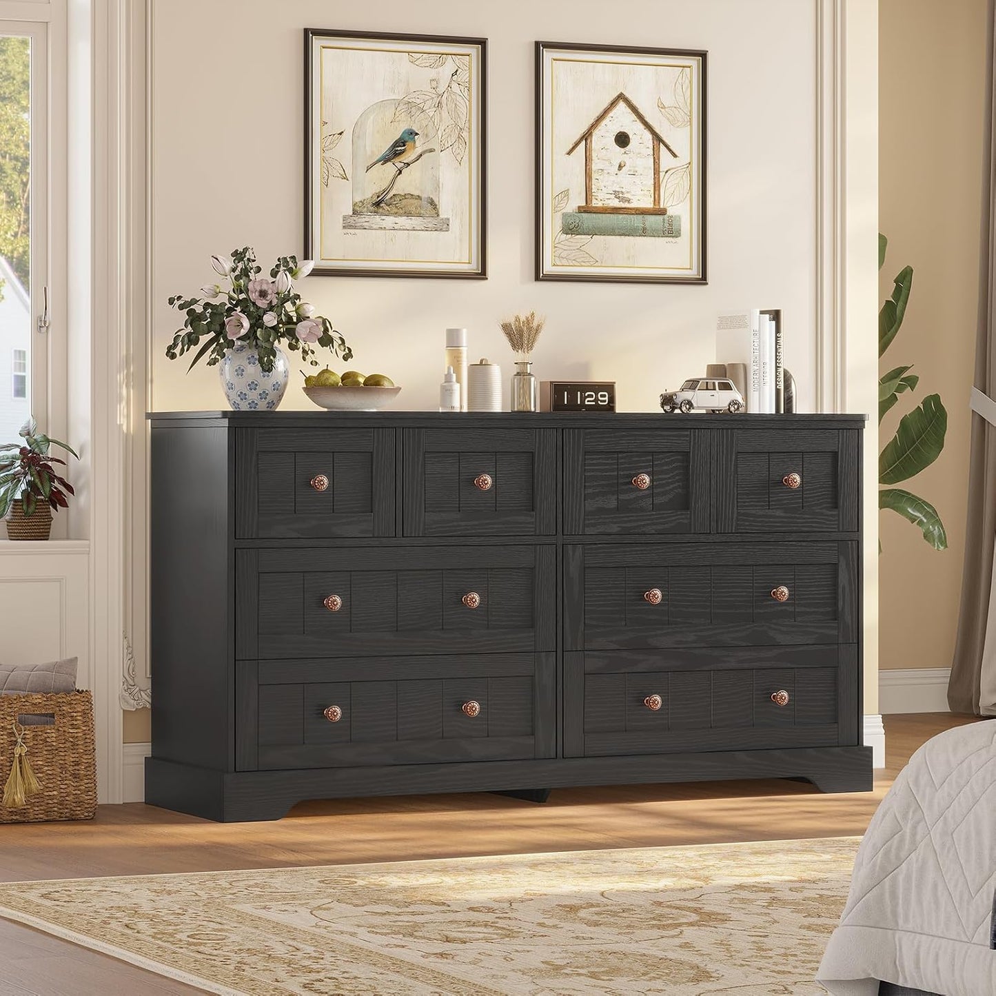 Hasuit Black Dresser for Bedroom, Farmhouse 8 Drawers Dresser, 55" Wide Dressers Chest of Drawers with Hand Carved Panel, Large Wood Closet Storage Organizers Dressers for Bedroom, Living Room Hallway