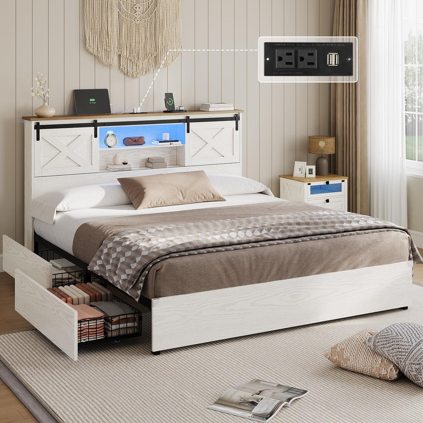 Hasuit Farmhouse Bed Frame California King Size with 4 Storage Drawers, Wooden Platform Cal King Beds with Charging Station and LED Lights, Rustic Bed with Storage Headboard and Sliding Barn Door