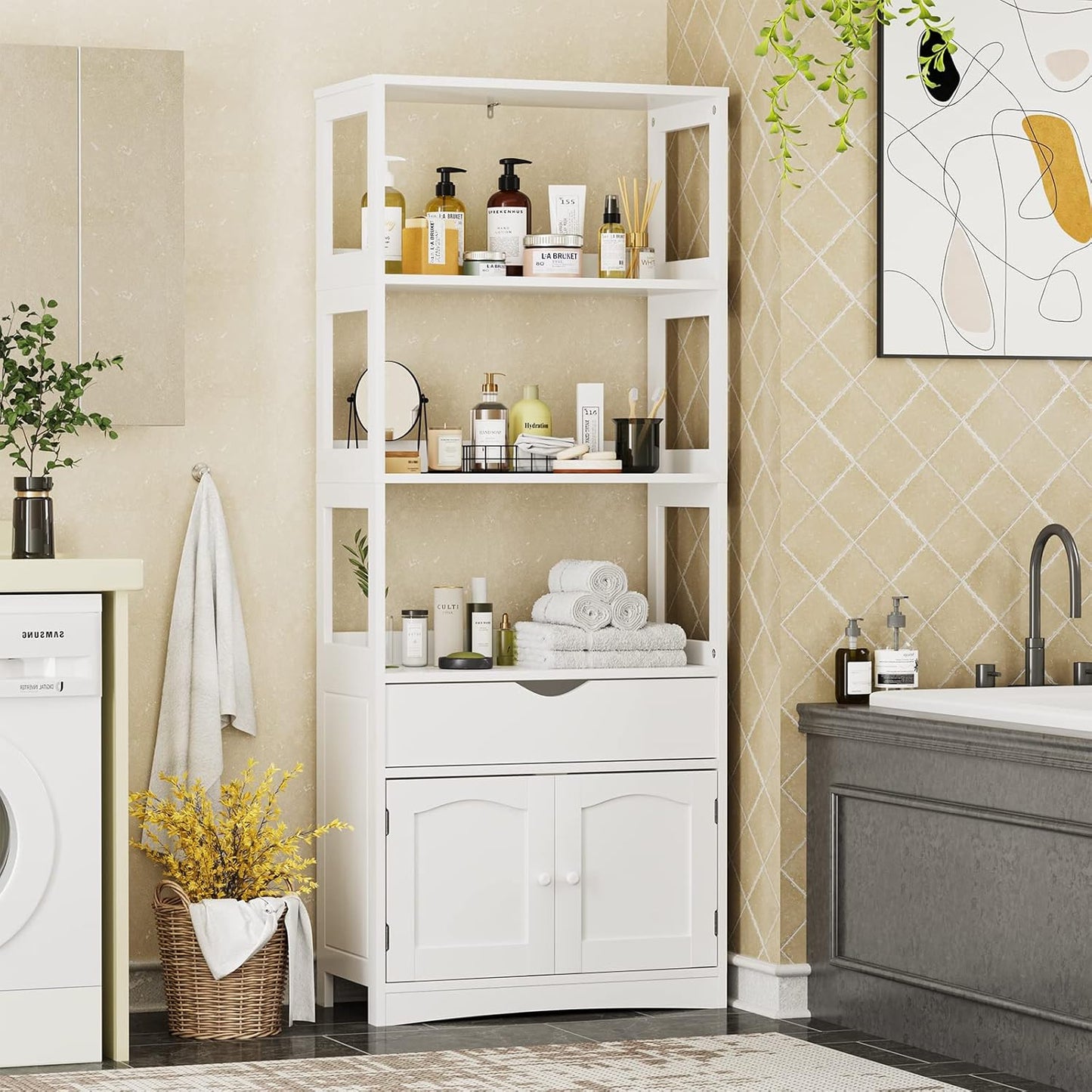 DICTAC Kitchen Pantry Storage Cabinets Freestanding Tall Bathroom Cabinet with Shelves and Drawer 64''H Sideboard Microwave Space Cupboard Organizer for Home Office,White, 23.62x13x64.06inch
