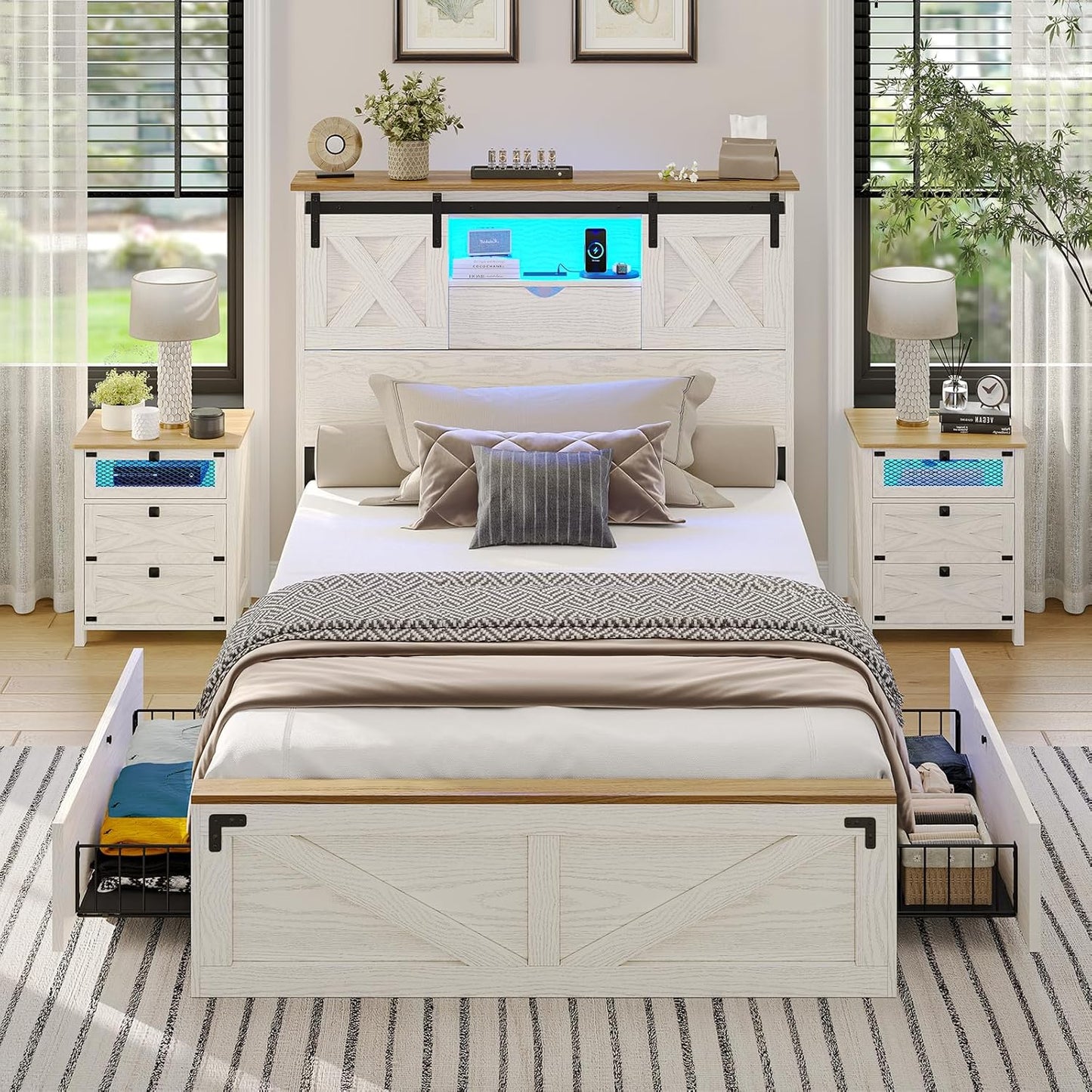 Hasuit Farmhouse Bed Frame Twin XL Size with 2 Storage Drawers, Wooden Platform Twin XL Bed with LED Lights and Charging Station, Rustic Headboard with Sliding Barn Door Storage Cabinets (White)