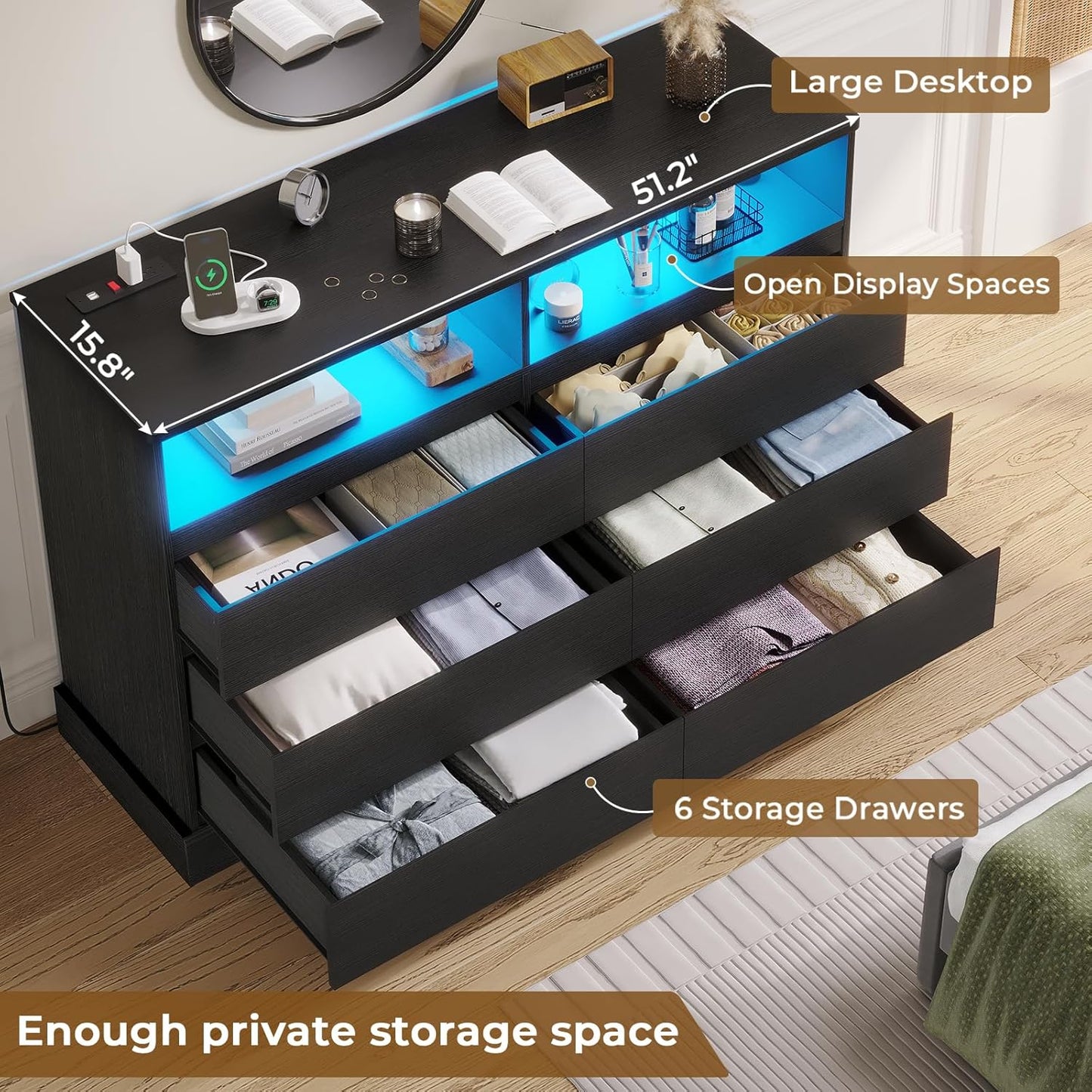 Hasuit Black Dresser for Bedroom with LED Lights and Charging Station, 51.2" Long Dressers Chest of Drawer with Large Drawers and Open Space, Modern 6 Drawer Dresser for Bedroom, Living Room, Entryway