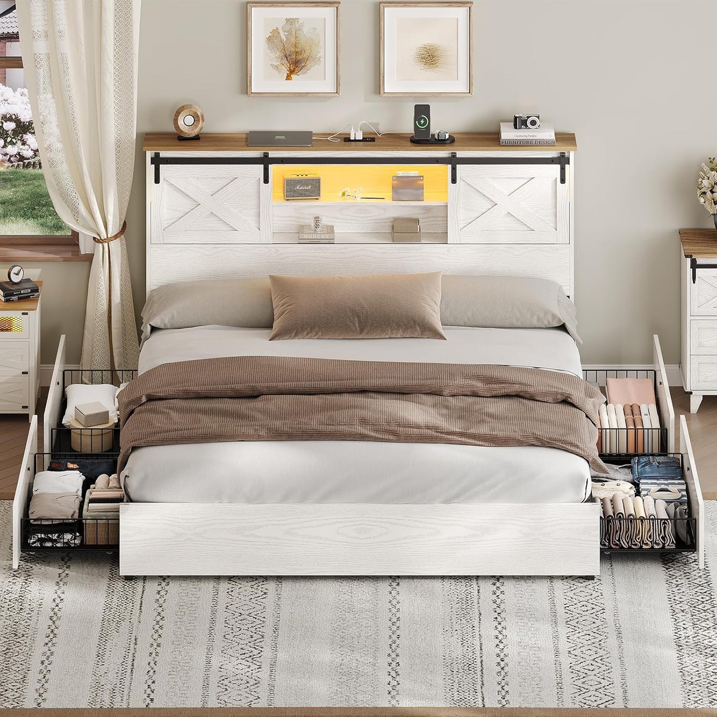 Hasuit Farmhouse Bed Frame California King Size with 4 Storage Drawers, Wooden Platform Cal King Beds with Charging Station and LED Lights, Rustic Bed with Storage Headboard and Sliding Barn Door