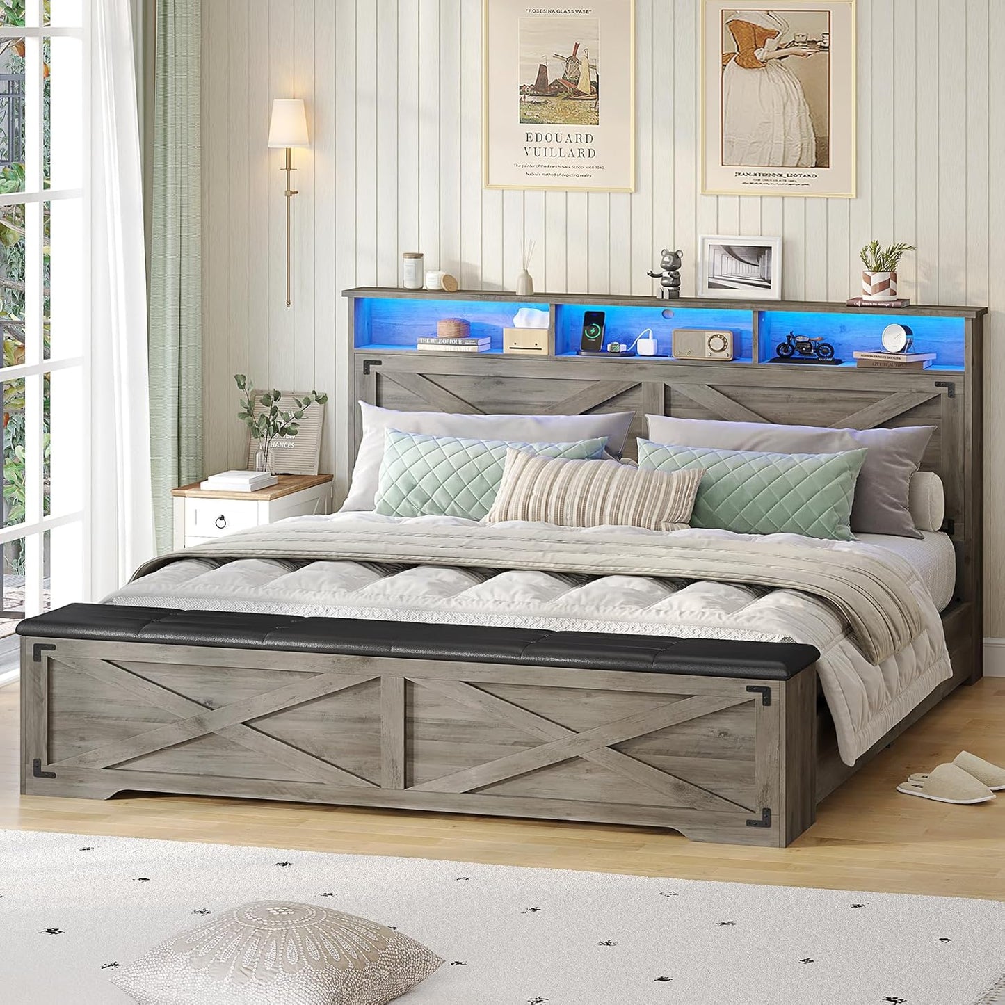 Hasuit Queen Size Bed Frame with Storage Ottoman, Farmhouse Bed Frame with Charging Station and Led Light, Headboard with Storage Rack, Metal Slats, No Noise Design, No Box Spring Needed,Oak Grey