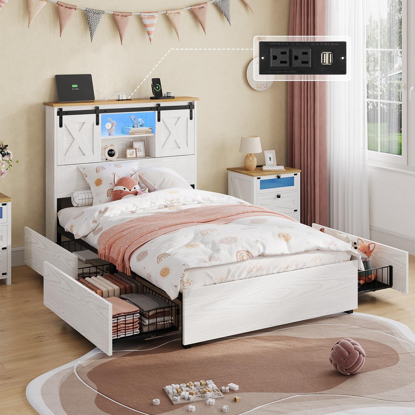 Hasuit Farmhouse Bed Frame California King Size with 4 Storage Drawers, Wooden Platform Cal King Beds with Charging Station and LED Lights, Rustic Bed with Storage Headboard and Sliding Barn Door