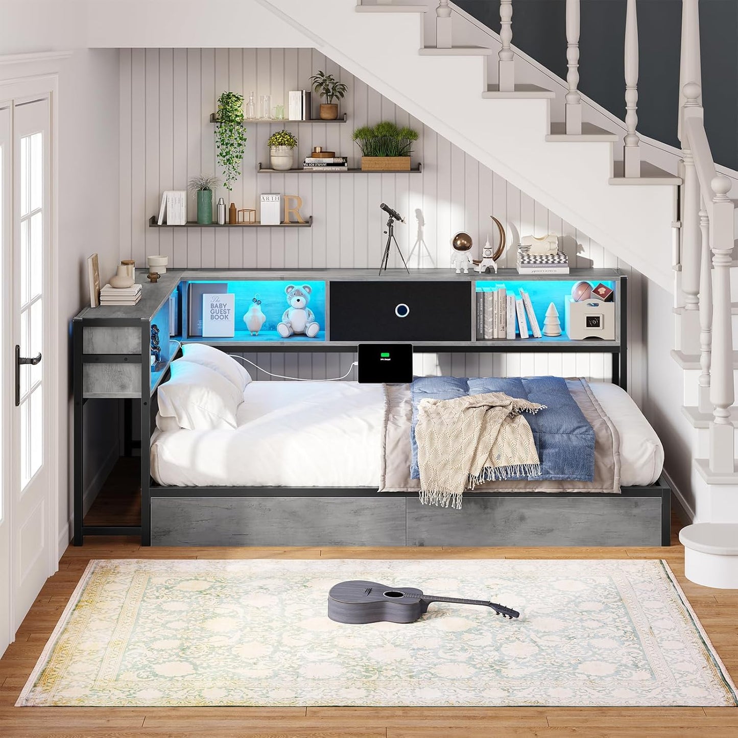 Hasuit Kids Corner Twin Bed with Storage, Charging & LED Light
