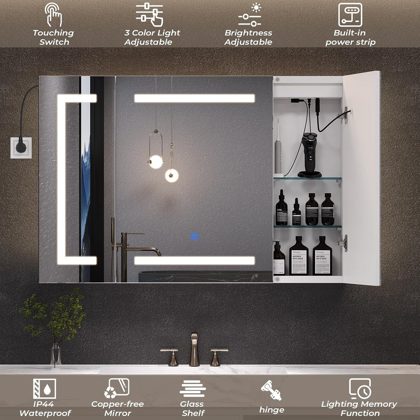Hasuit 3 Doors Lighted Medicine Cabinet with Mirror, Wall Mounted with Storage