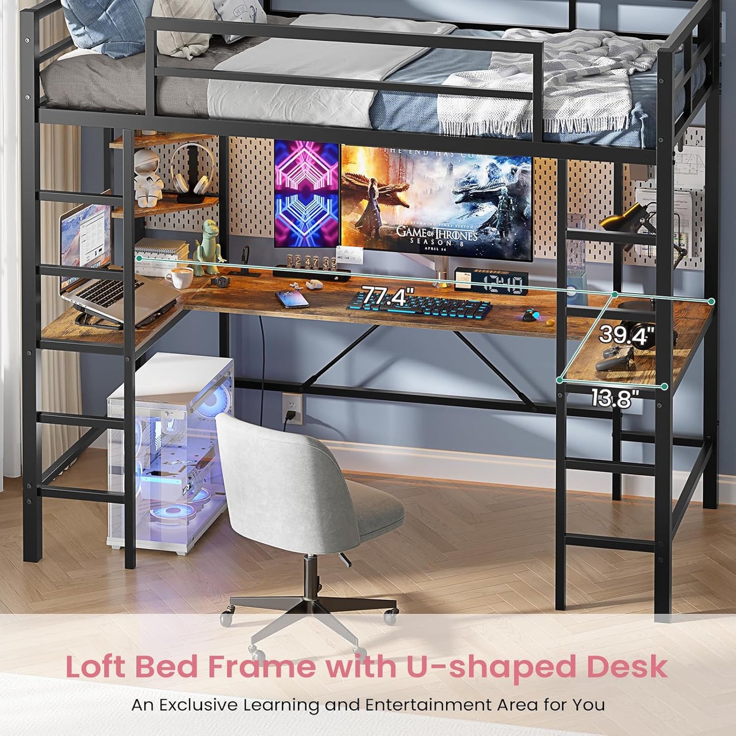 Hasuit Twin Size Loft Bed with Desk U-Shaped | Heavy Duty Metal Frame & Built-in Charging Station | RGB APP-Controlled LED Lights, Safety Guardrails + Open Shelves | No Box Spring Needed, Black