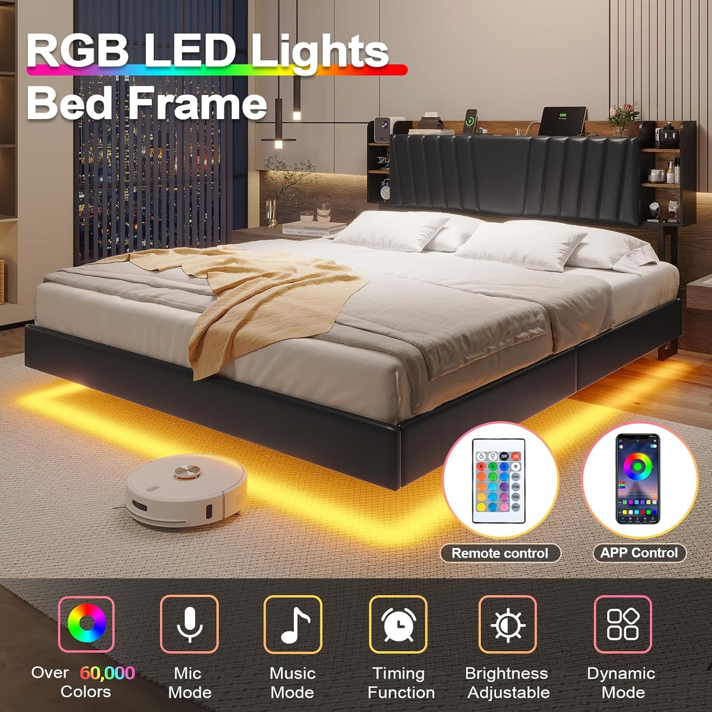 Hasuit California King Floating Led Bed Frame with Hidden Storage Headboard and Charging Station Cal King Size Visual Floating Platform Bed with Led Lights,No Box Spring Needed,Black+Rustic