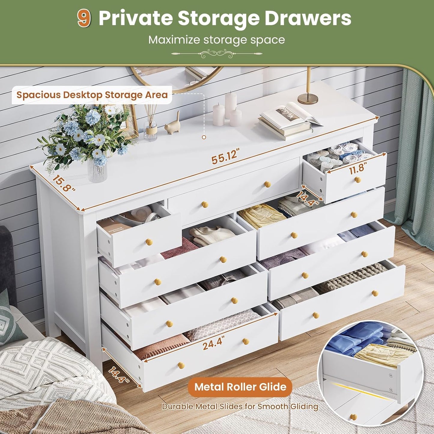 Hasuit White Dresser for Bedroom with 9 Drawers, Modern 55.1" Long Dressers Chest of Drawer with Large Drawers, Large Capacity Storage Organizer Cabinet, Wide Dresser for Bedroom, Living Room, Hallway