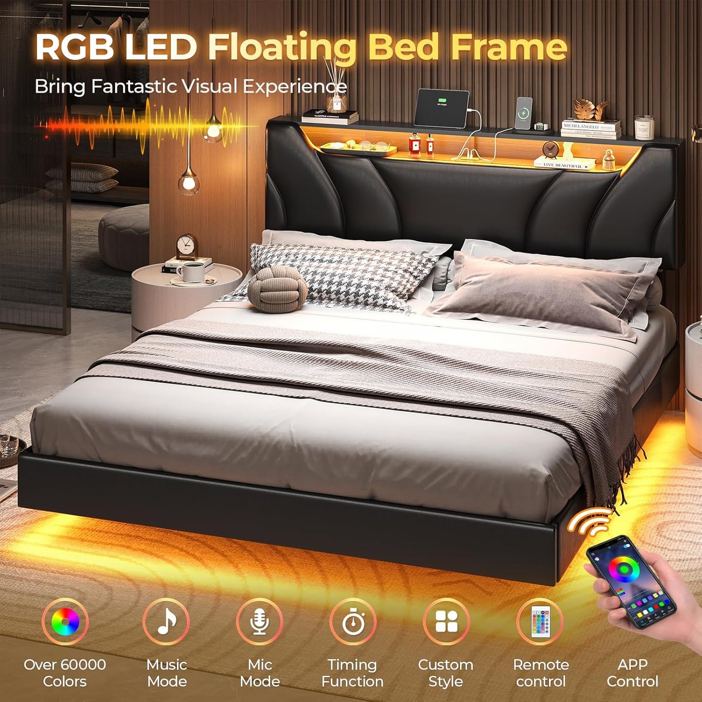 Hasuit California King Bed Frame with Hidden Storage Headboard and Charging Station Cal King Size Floating Bed Frame with Led Lights Upholstered Visual Floating Platform bed,No Box Spring Needed,Black