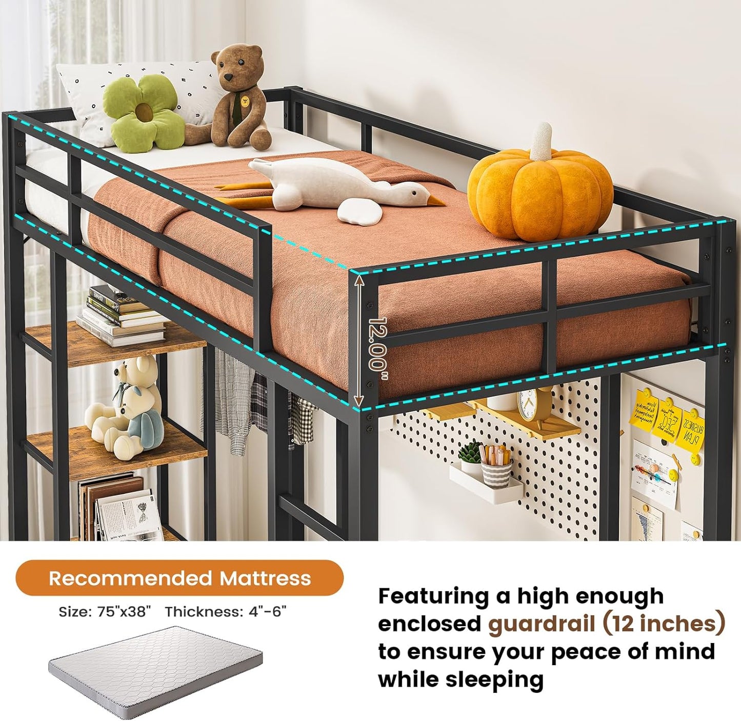 Hasuit Loft Bed Twin Size with Desk and Charging Station Metal Twin Loft Bed with LED Lights, 4 Storage Shelves & 2 Fabric Drawers, Twin Size Loft Bed with Safety Guard, Clothes Rail & Ladder, Black
