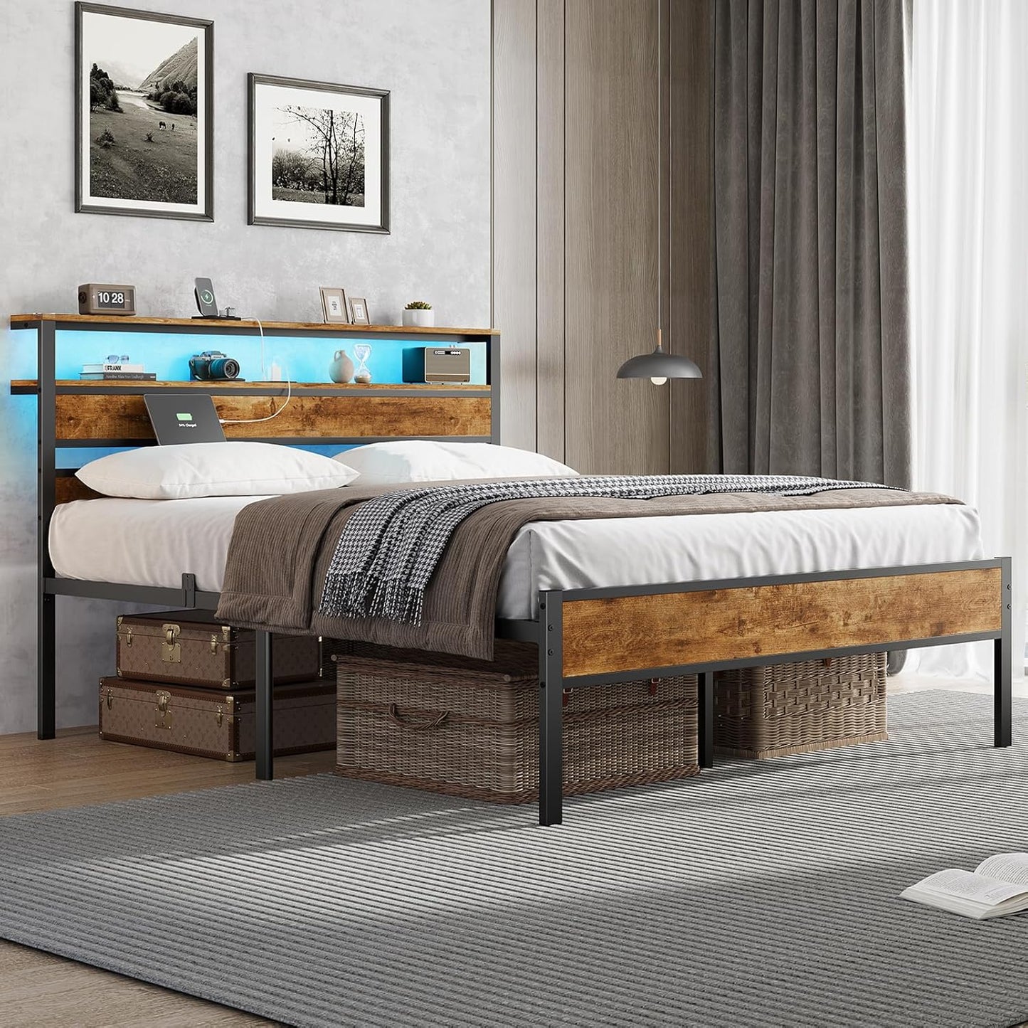 Hasuit Queen Bed Frame with Headboard, LED Lights and Charging Station, Metal Platform Bed Queen Size with Heavy Duty Slats, Under Bed Storage, Fast Assembly, No Box Spring Needed, Noise Free