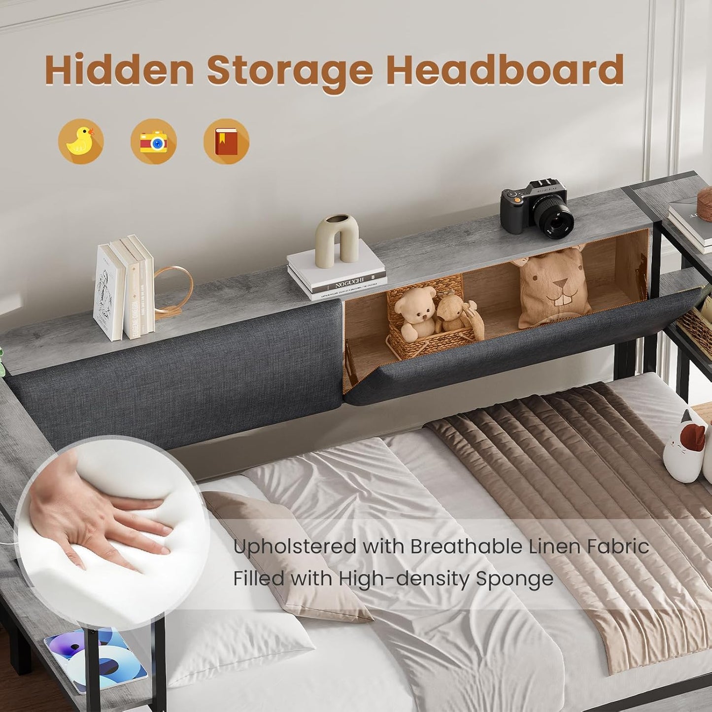 Hasuit Twin Daybed with Storage Bookcase and Drawers, Kids Bedroom Bed Frame Twin Size Unit with Charging Station, Corner Bed with Armrest Storage Shelves and Upholstered Backrest for Small Space