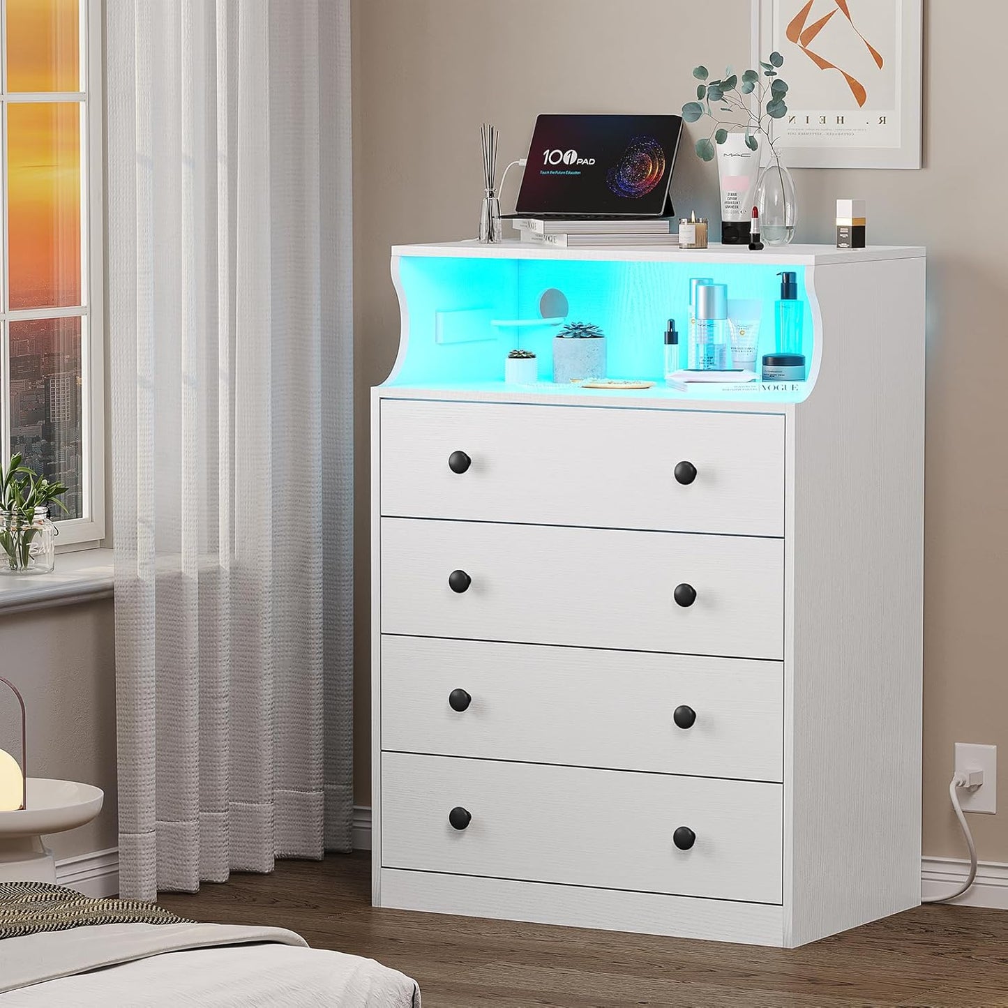 Hasuit White Dresser with Charging Station, LED Dresser with 4 Large Drawers, Chest of Drawers with Open Space, Large Capacity Tall Storage Cabinet, White Dressers for Bedroom