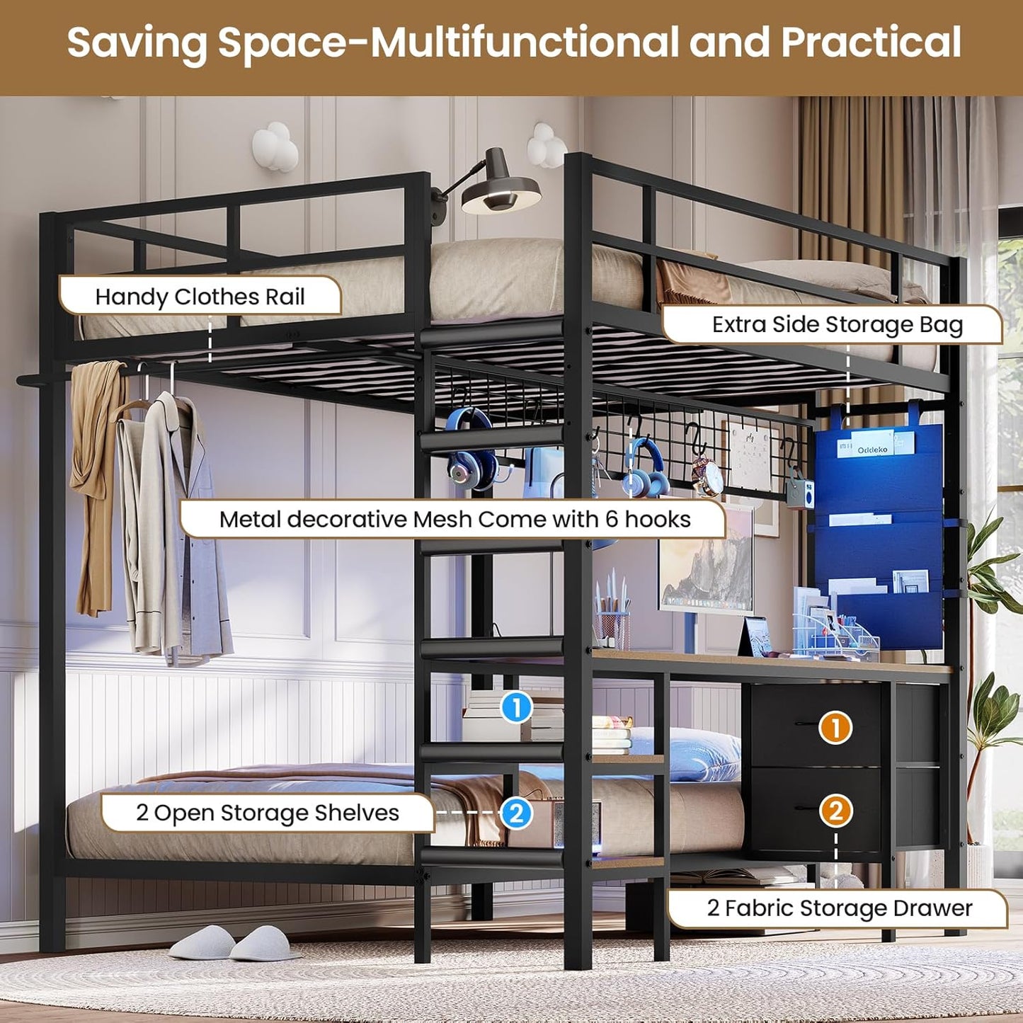 Hasuit Full Over Twin Bunk Bed with Desk Convertible Storage Shelf,Metal Loft Bed with Led Lights & Charging Station,Bunk Beds for Teens with Safety Guard & Stairs,Space Saving Bedroom Furniture,Black