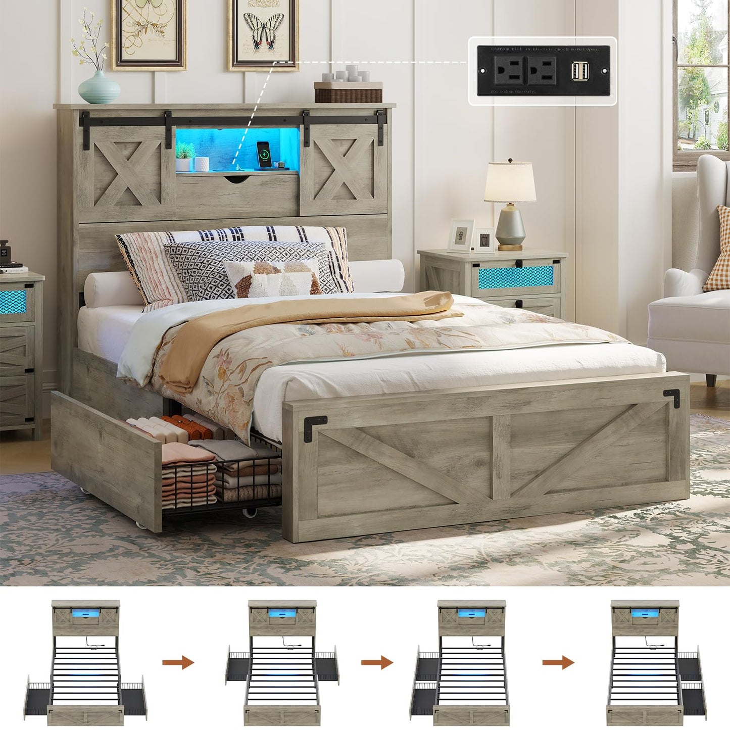 Hasuit Farmhouse Bed Frame Twin XL Size with 2 Storage Drawers, Wooden Platform Twin XL Bed with LED Lights and Charging Station, Rustic Headboard with Sliding Barn Door Storage Cabinets (White)