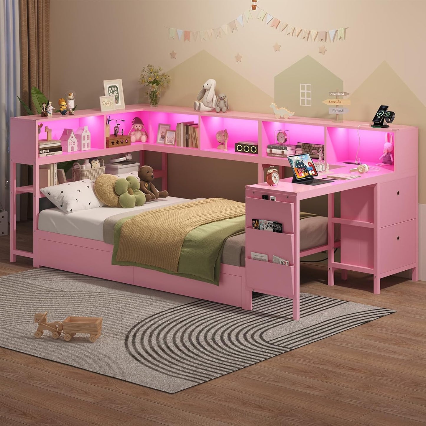 Hasuit Twin Corner Bed with Desk and Storage Bookcase, Daybed with 2 Drawers & 2 Storage Bins, Twin Size Platform Bed Frame with Charging Station and LED Light, Modern Teenagers Bedframe, Pink
